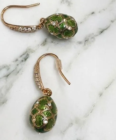 Handmade Faberge Egg Pendant Necklace, Bracelet, Ring, Fabergé Egg Earrings Set: 18k Yellow Gold Jewelry, Austrian Crystal, Diamonds, PierreLorren.
