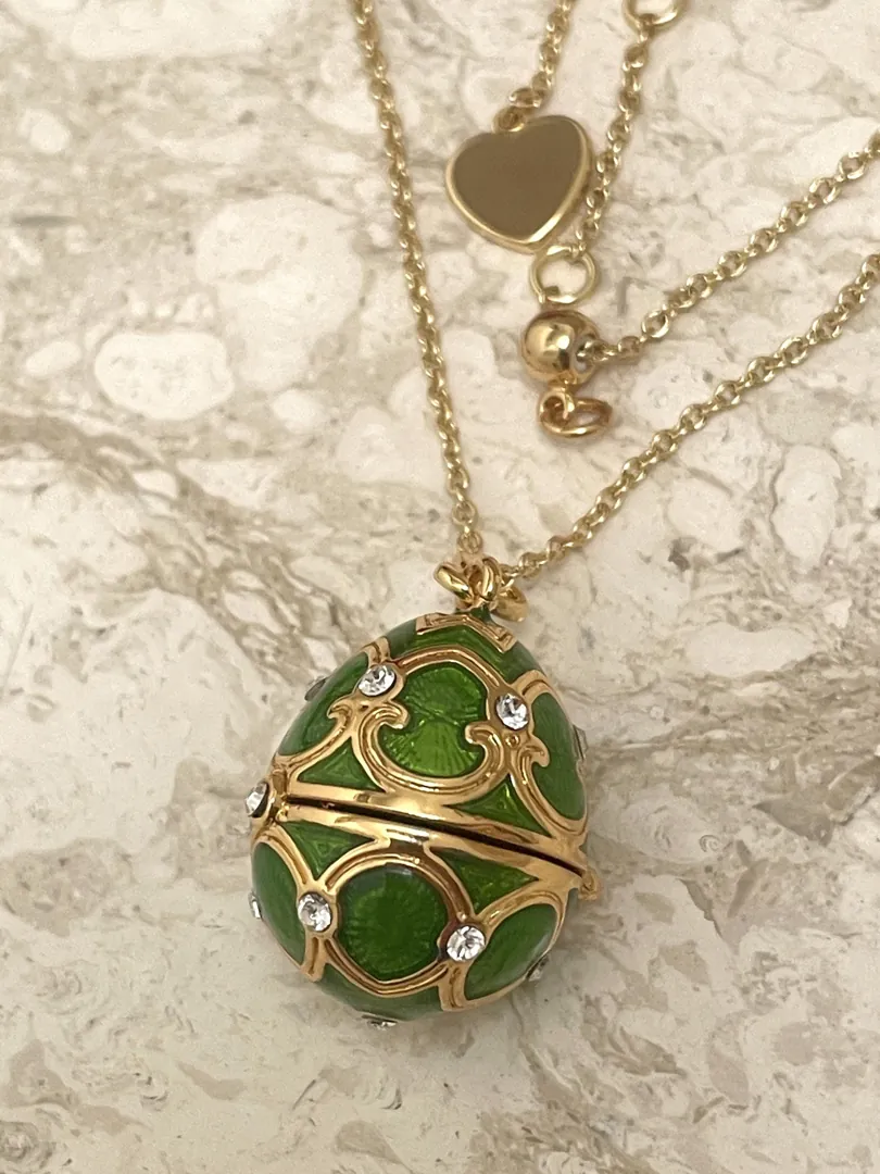 Handmade Faberge Egg Pendant Necklace, Bracelet, Ring, Fabergé Egg Earrings Set: 18k Yellow Gold Jewelry, Austrian Crystal, Diamonds, PierreLorren.