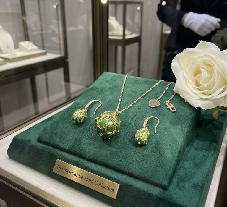 Handmade Fabergé Egg Pendant Necklace Fabergé Egg Earrings Set: 18k Yellow Gold Silver Jewelry Austrian Crystal Diamonds Pierre Lorren