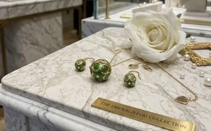 Handmade Fabergé Egg Pendant Necklace Fabergé Egg Earrings Set: 18k Yellow Gold Silver Jewelry Austrian Crystal Diamonds Pierre Lorren