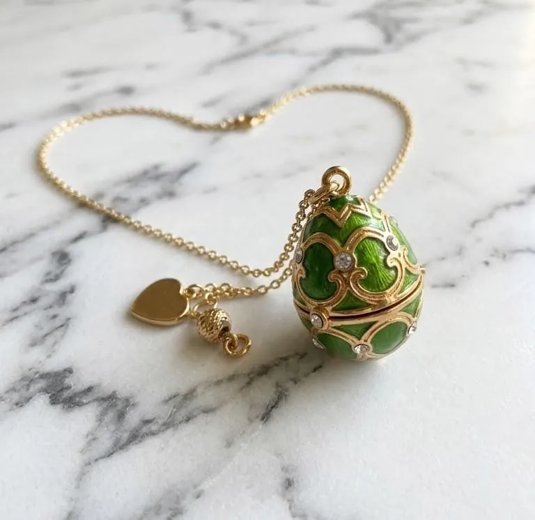 Handmade Fabergé Egg Pendant Necklace Fabergé Egg Earrings Set: 18k Yellow Gold Silver Jewelry Austrian Crystal Diamonds Pierre Lorren