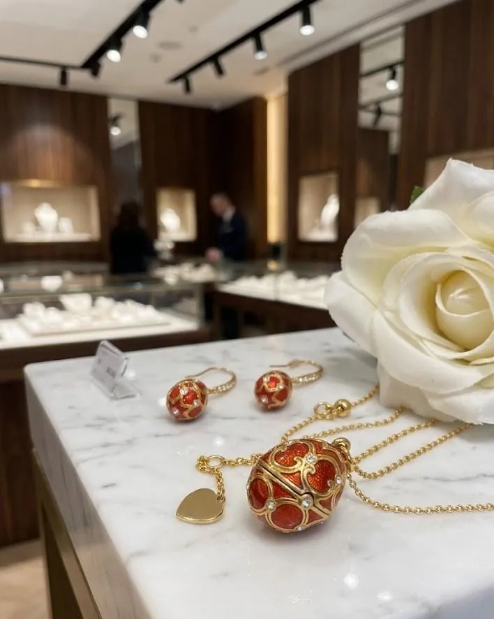 Handmade Faberge Egg Pendant Necklace Fabergé Egg Earrings Set: 18k Yellow Gold Silver Jewelry Austrian Crystal Diamonds Pierre Lorren