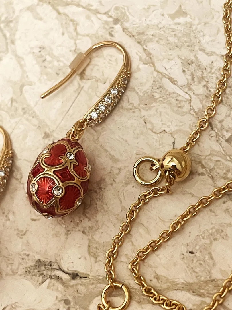Handmade Faberge Egg Pendant Necklace Fabergé Egg Earrings Set: 18k Yellow Gold Silver Jewelry Austrian Crystal Diamonds Pierre Lorren