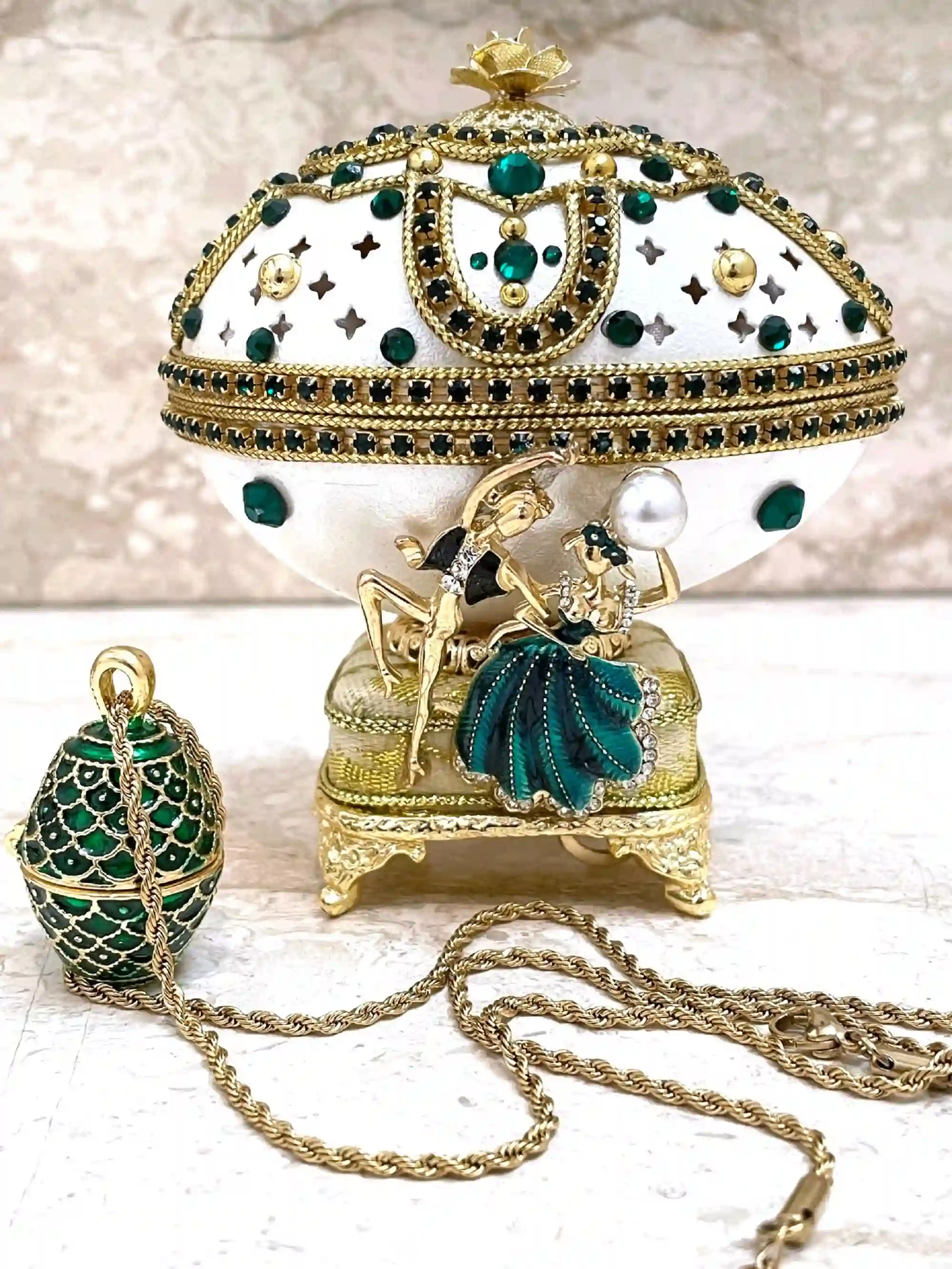 Emerald- Valentines Day SET - ONE Only - Faberge-Style Egg style Jewelry Box + Faberge Jewelry - Valentines day couple gifts - HANDCARVED Egg -24k 