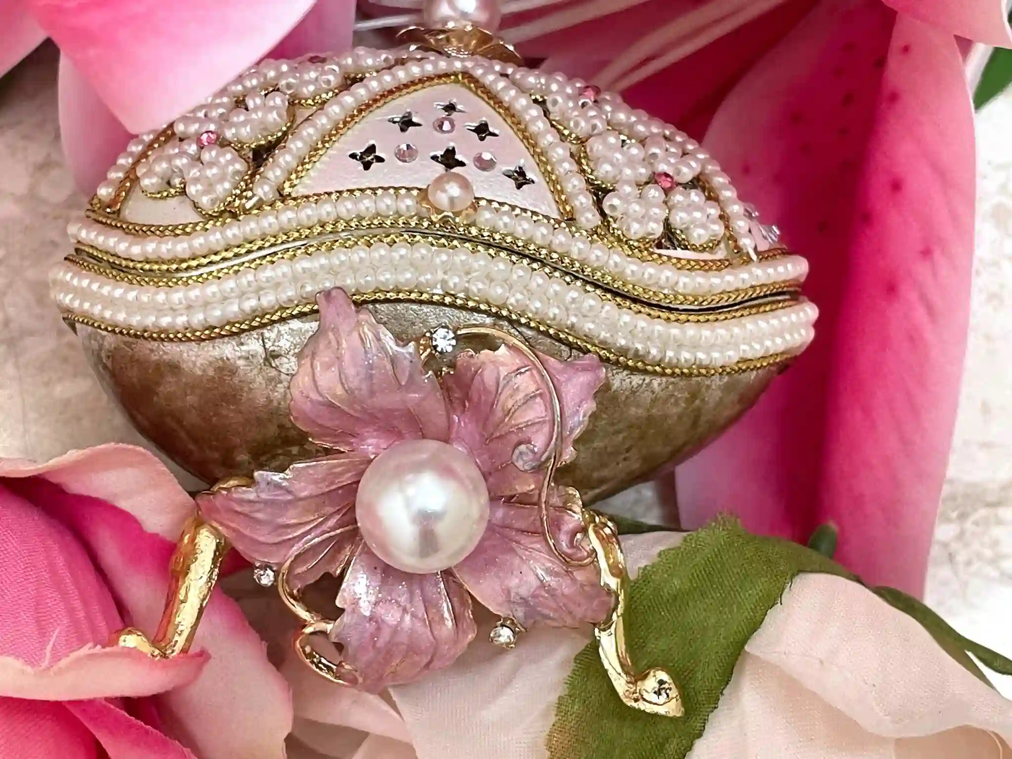 UNIQUE Pink Pearl Jewelry Faberge style egg, New Mom Gift Box,24k GOLD,Trinket Box ,Russian Music Box - Faberge Egg Necklace - 2ct Bracelet 