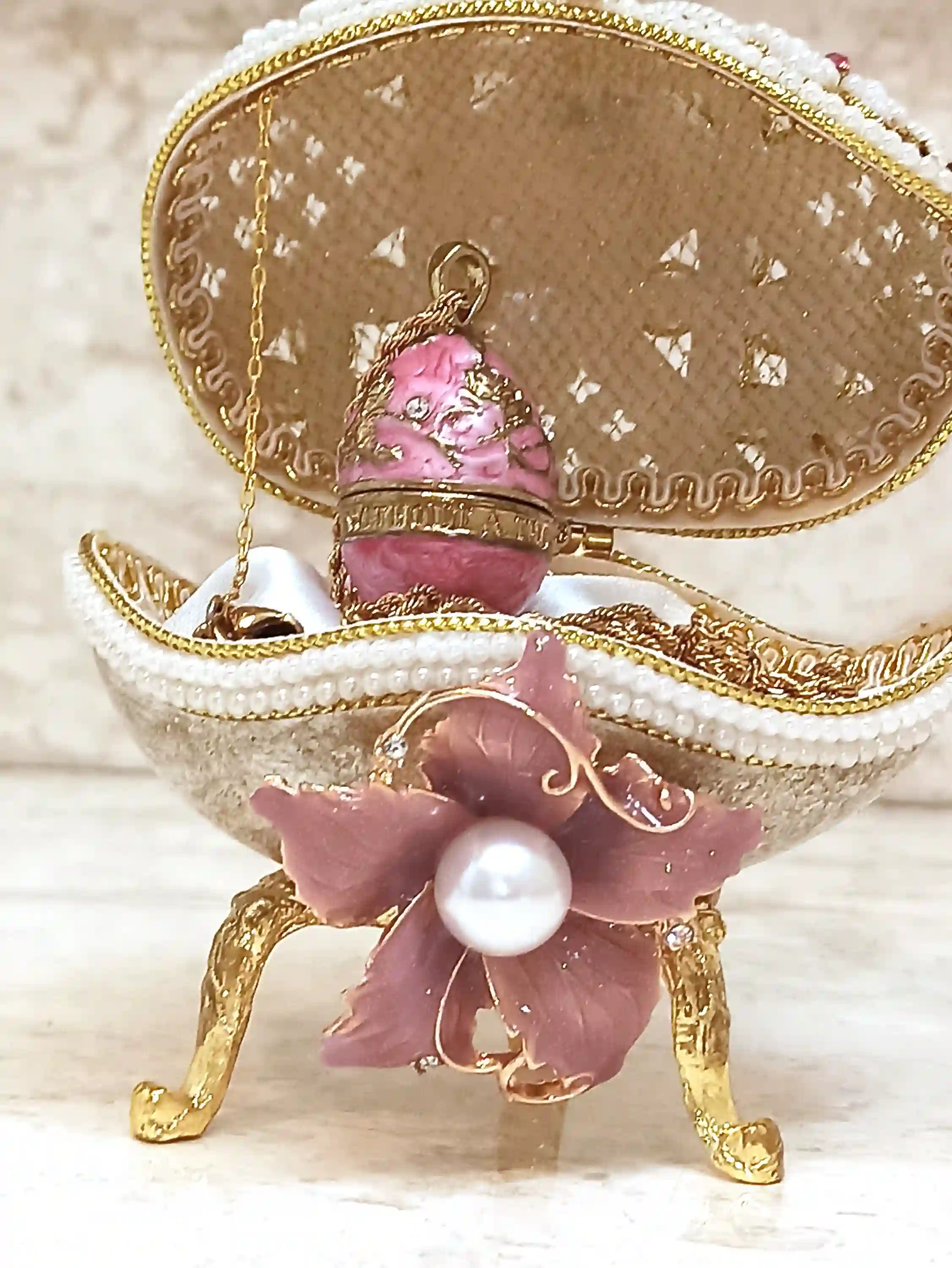UNIQUE Pink Pearl Jewelry Faberge style egg, New Mom Gift Box,24k GOLD,Trinket Box ,Russian Music Box - Faberge Egg Necklace - 2ct Bracelet 