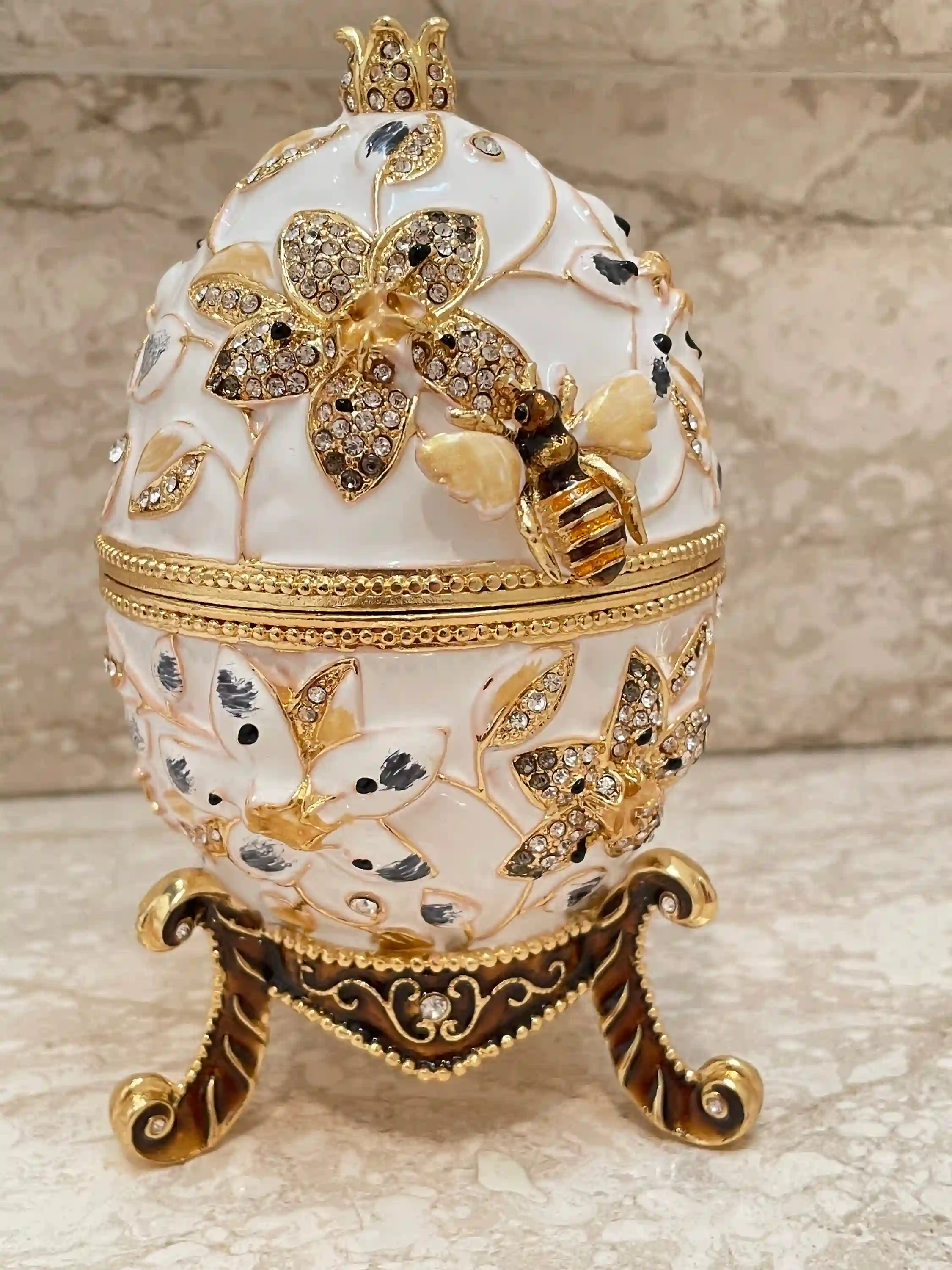 Designer White Faberge Egg style Necklace PLUS Engagement Gift Fabrege Eggs Handpainted Jewelry Box Wedding gift for parent 400 HANDSET Crys 