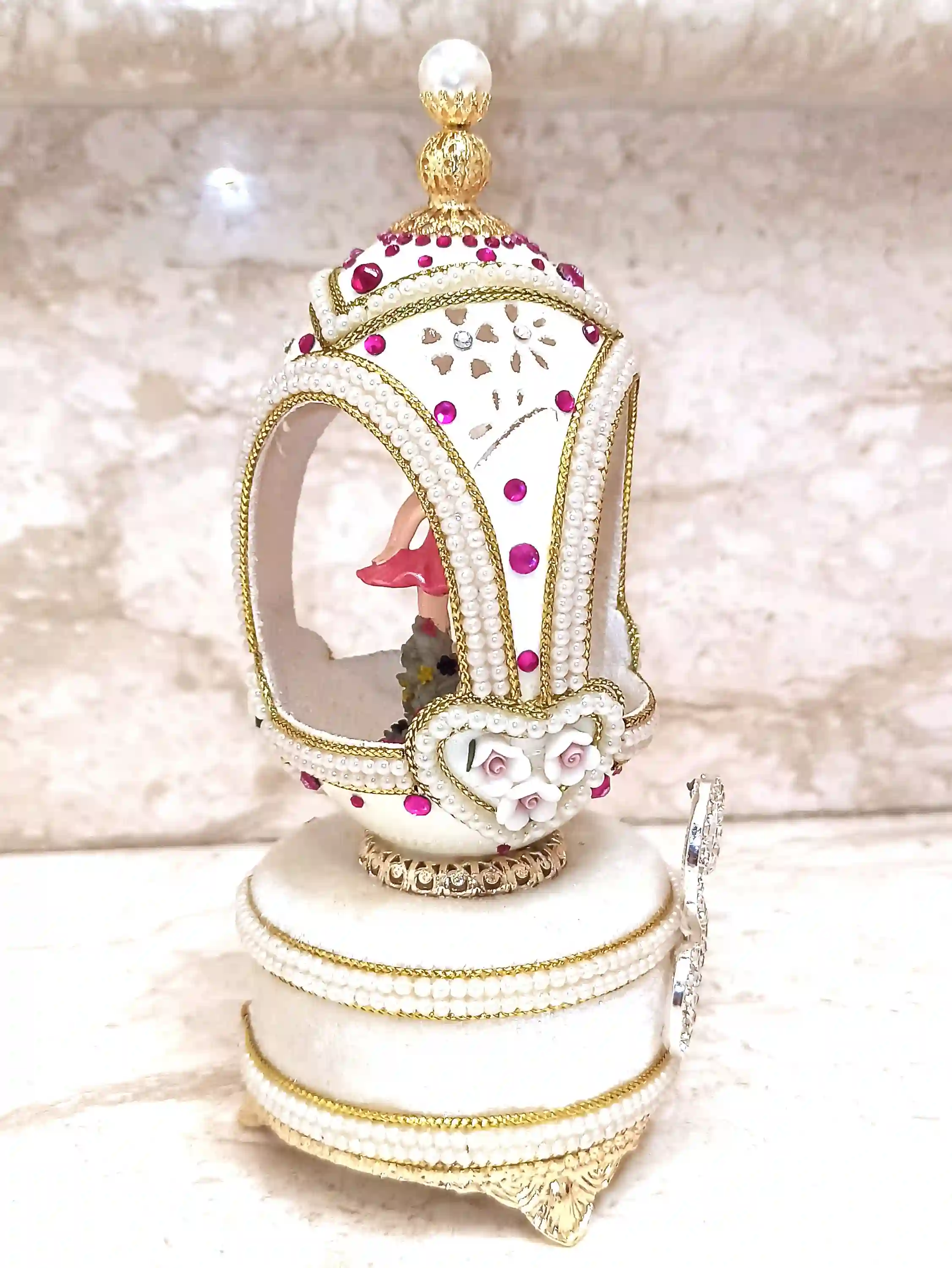 Personalized Gift for her Faberge egg Ornament Custom Figurine HAND Carved Natural Egg Faberge Music box Monogram 24k GOLD HANDMADE present 