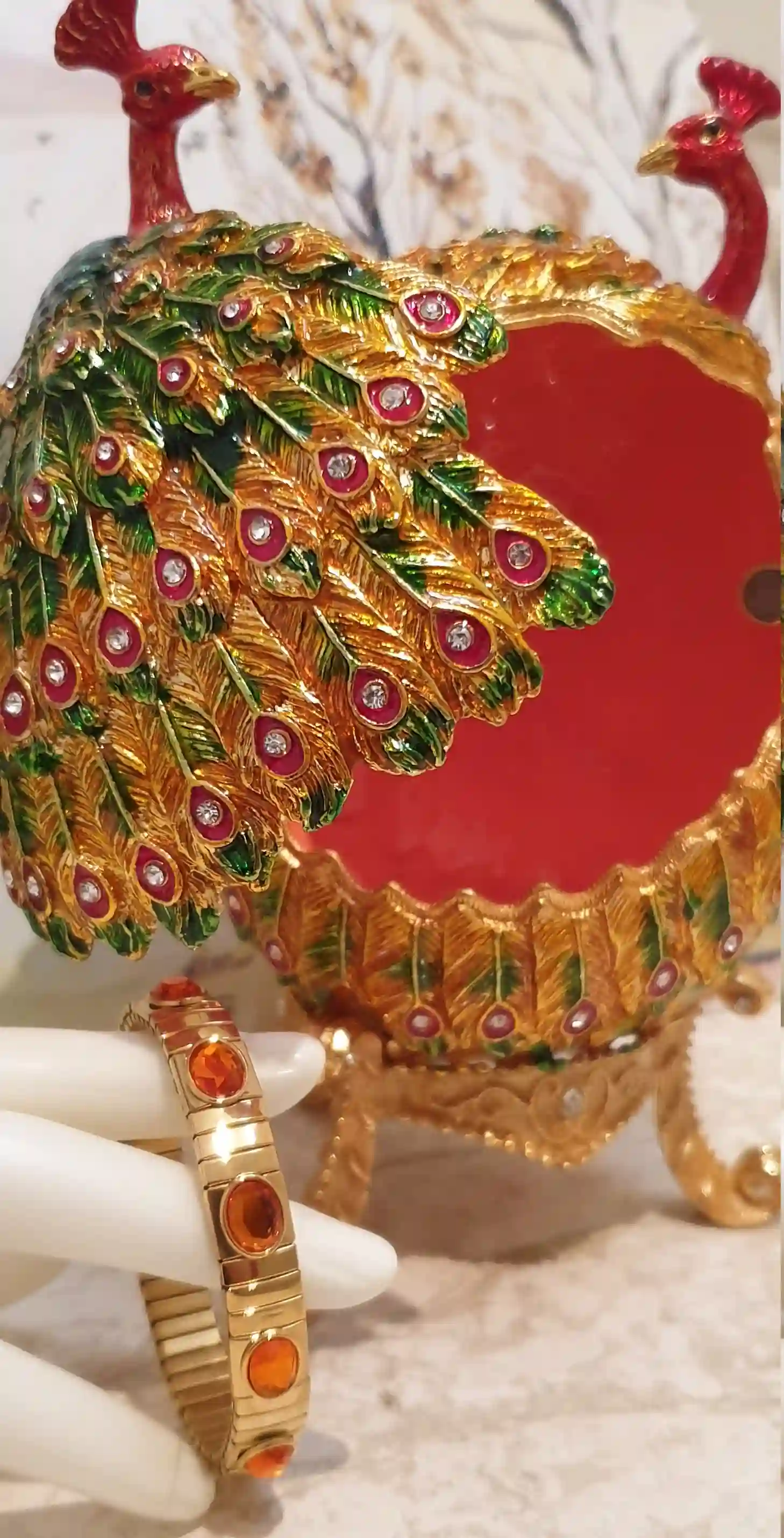 Large Easter Egg Ornament Trinket Gift for Couple Faberge Love Peacock 24k GOLD HANDSET 160 Swarovski Diamond & Ruby Bracelet DESIGNER Egg 