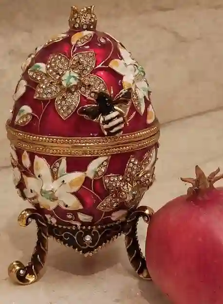 Red Faberge Egg style, Pomegranate Trinket, GOOD LUCK Gift, House Warming gift, Pomagranet Collectors Egg 400Crystal Handset - Handmade Box 