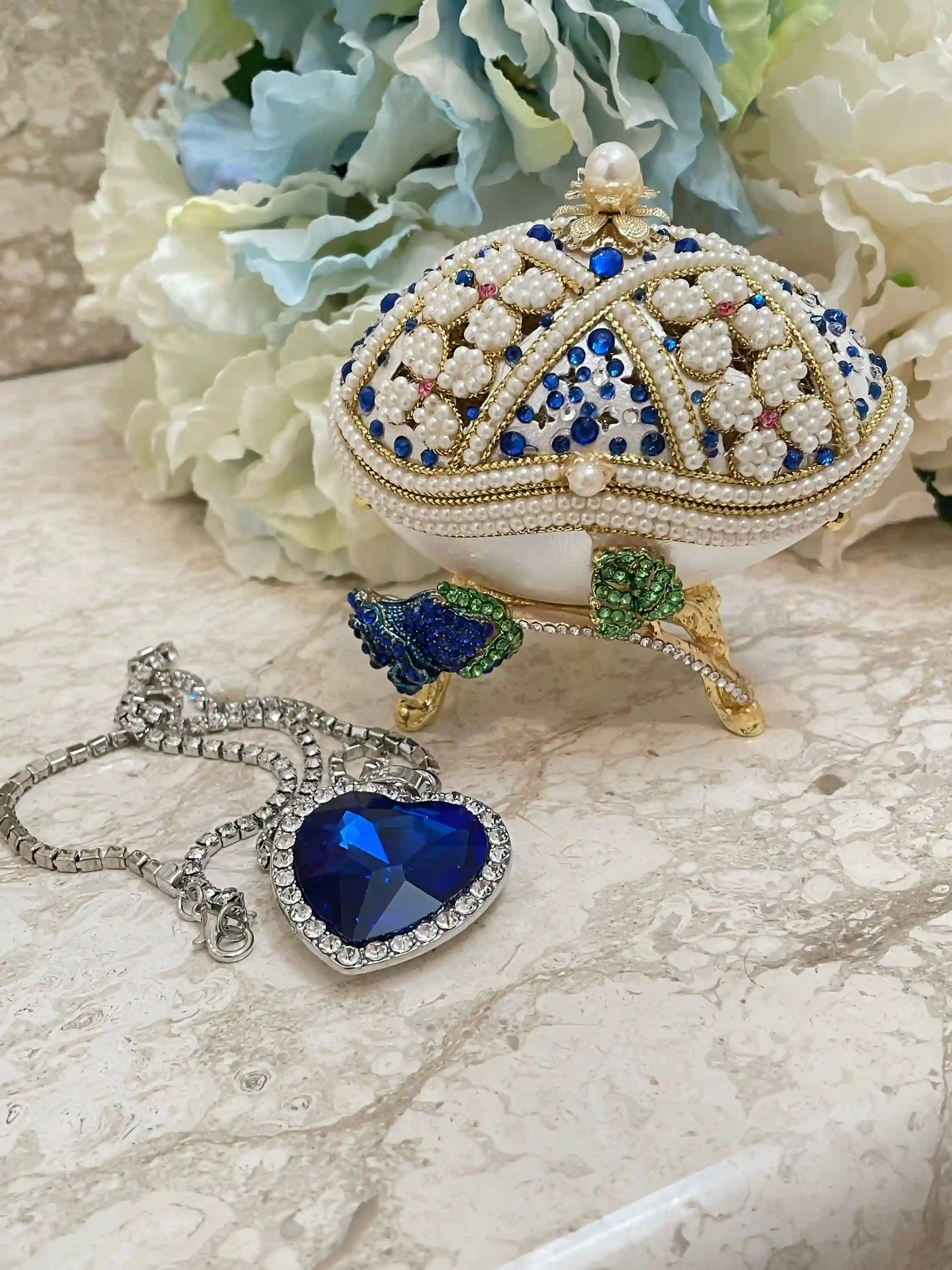VALENTINE Day gift for her Something Blue FABERGE egg BRIDE tobe present on Valentine's day Faberge egg Handcarved Silk Musical Box present 