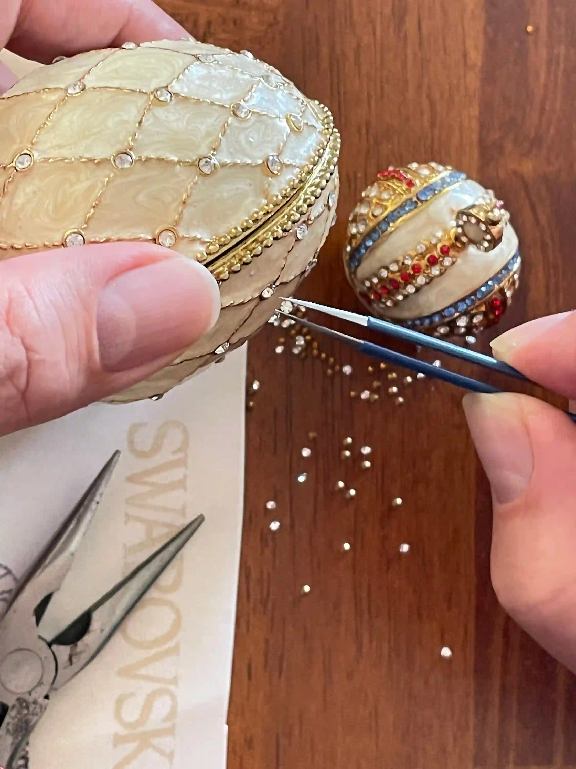 Faberge-Style Egg Decorative Boxes 333 Austrian Crystal Handset Jewelry Box Faberge Egg Imperial Crown Hideaway Trinket PLUS Faberge Necklace 24k 