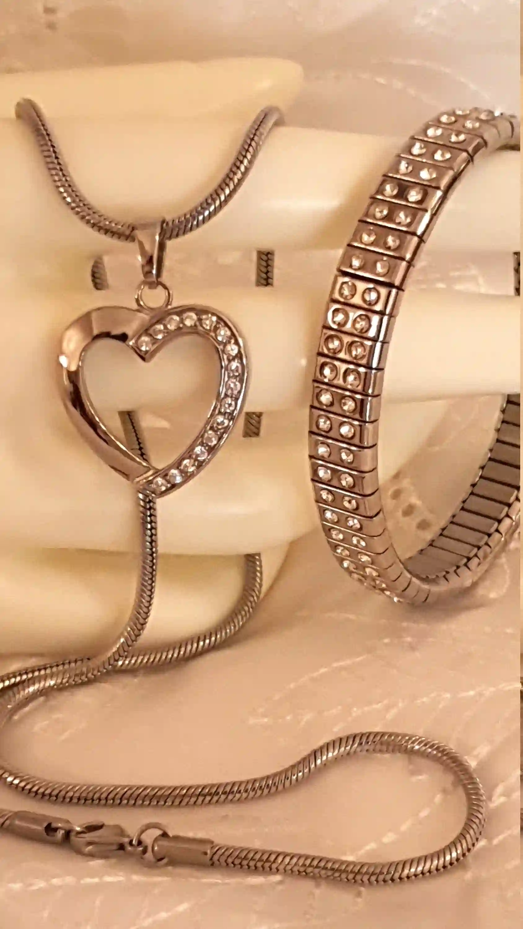 HEART Necklace Pendant Set SILVER bracelet Gift for her SWAROVSKI Crystal Jewelry Ladies Heart Charm Pendant Bangle Jewellery for Women Wife 
