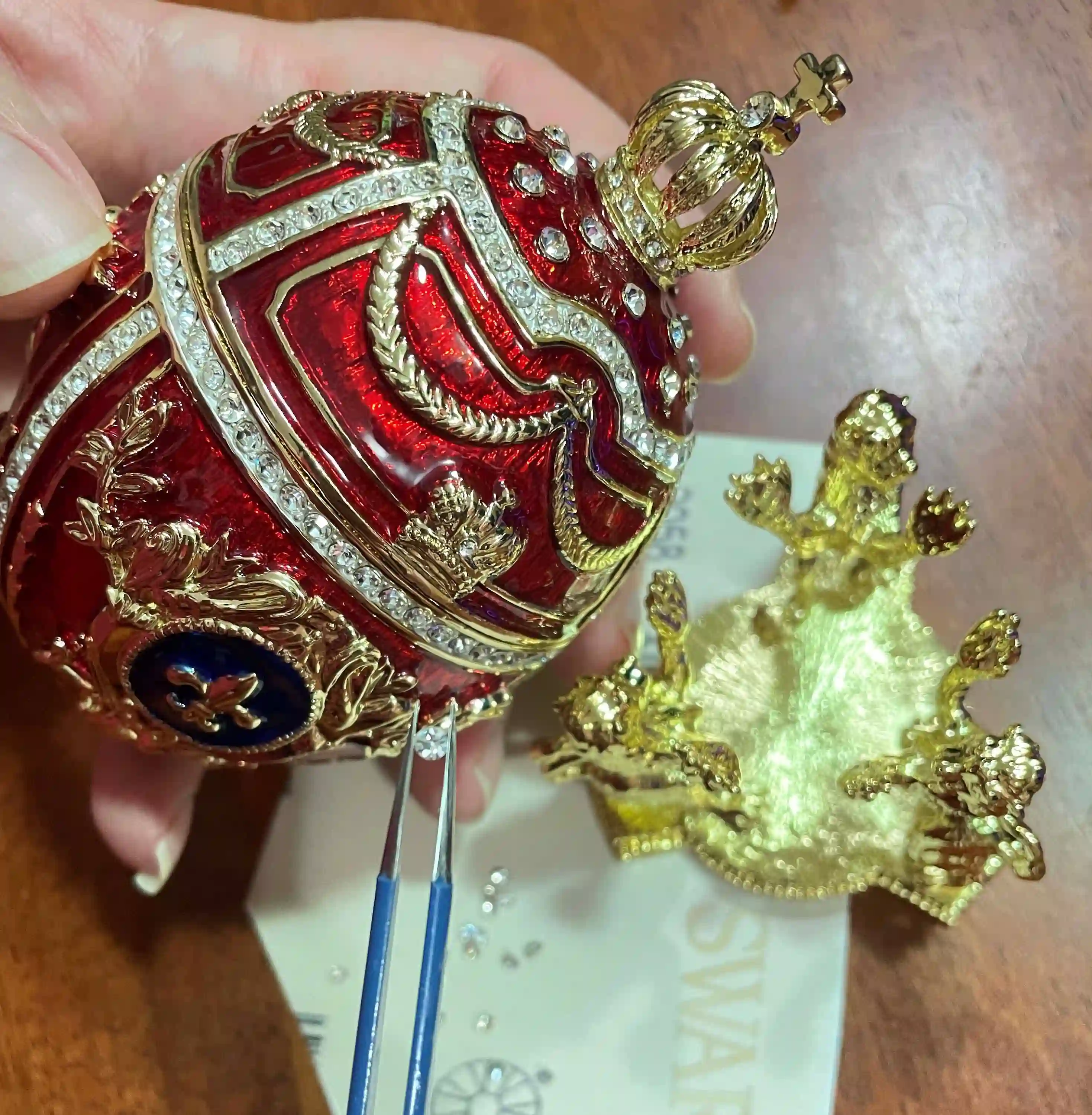 Deluxe 5* Faberge style egg Ornament Red Faberge egg style 24k Austrian Crystal HANDSET Faberge Mothers Day Valentines birthday gift for her 