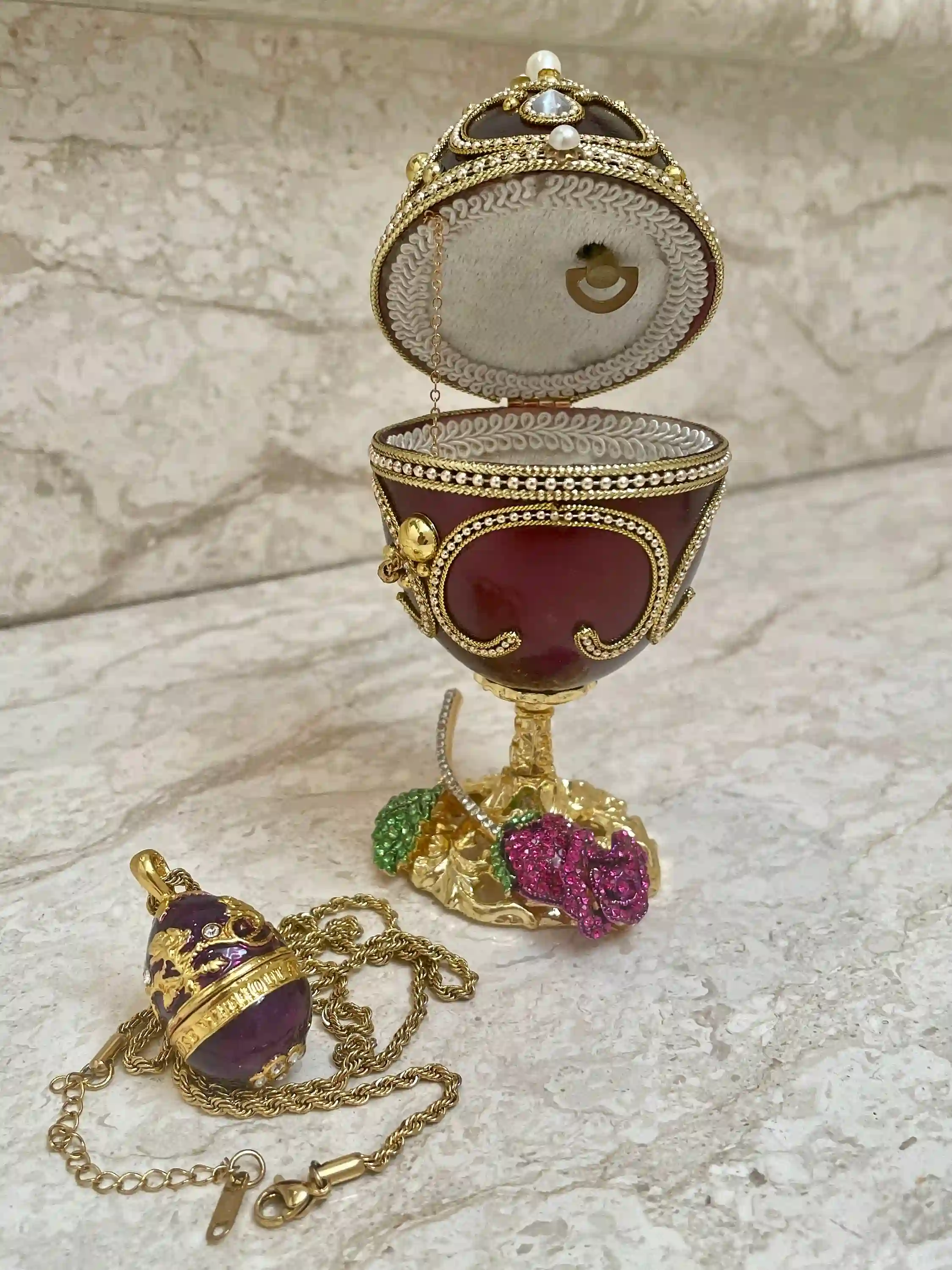 Valentines day Rose ONE OfA KIND Amethyst Rose Faberge-Style Egg Musical + Faberge Egg Diamond Necklace Gold Jewelry Gift for her Birthday Wedding 