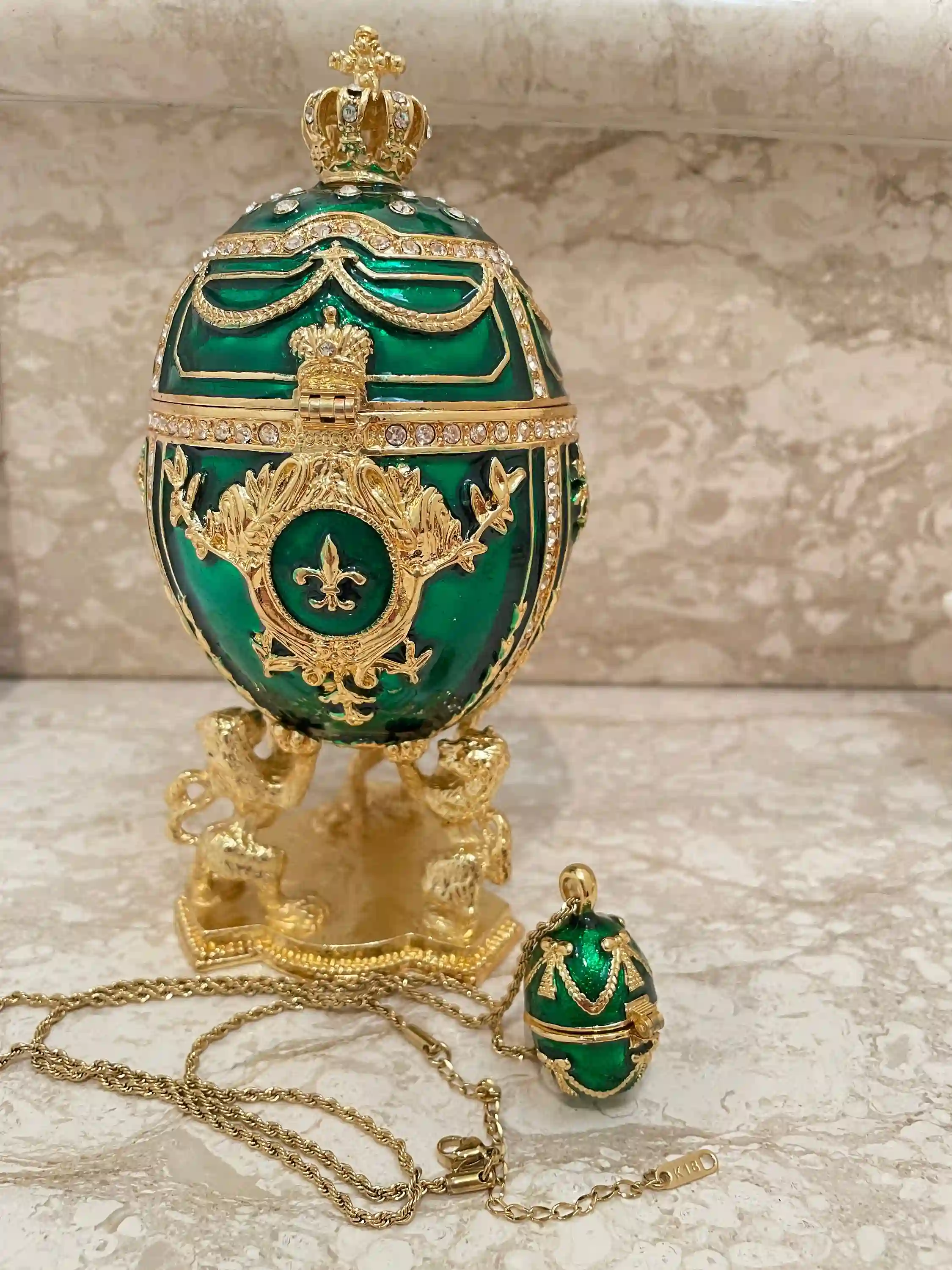 Emerald Necklace Gold, Faberge Egg Style PLUS 24k Faberge Pendant, Faberge Jewelry box, Green Gifts for her, 200 Austrian Crystals Handset 
