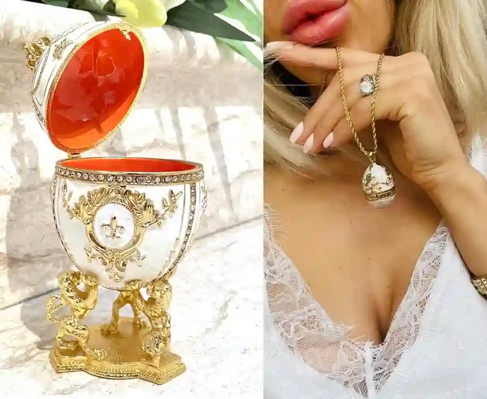 Luxury Handmade White Faberge Egg Crystal Jewelry box & Faberge Pendant Engagement gift for her Imperial Fabrerge style Egg SET 24k HANDSET 