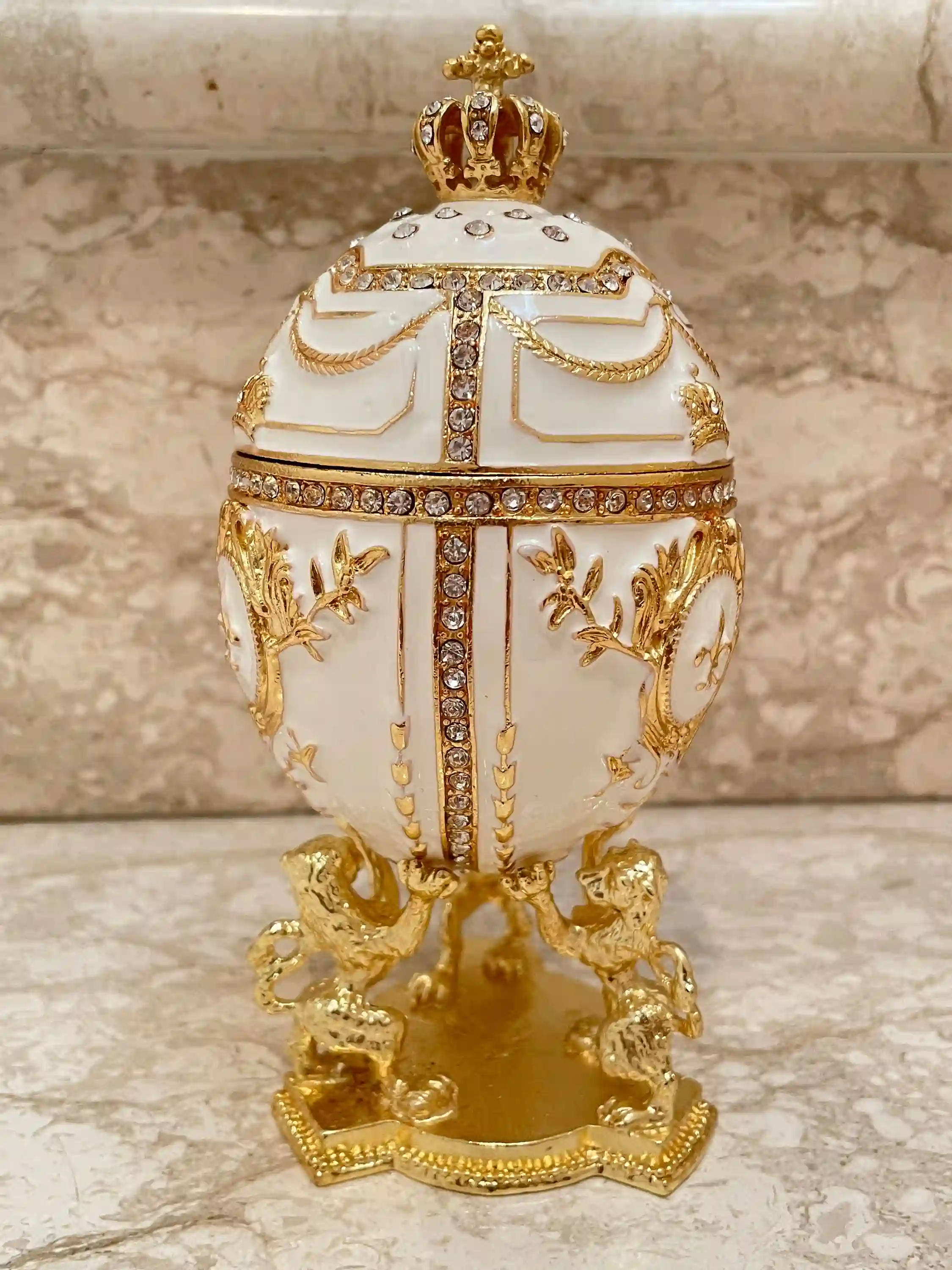 Luxury Handmade White Faberge Egg Crystal Jewelry box & Faberge Pendant Engagement gift for her Imperial Fabrerge style Egg SET 24k HANDSET 