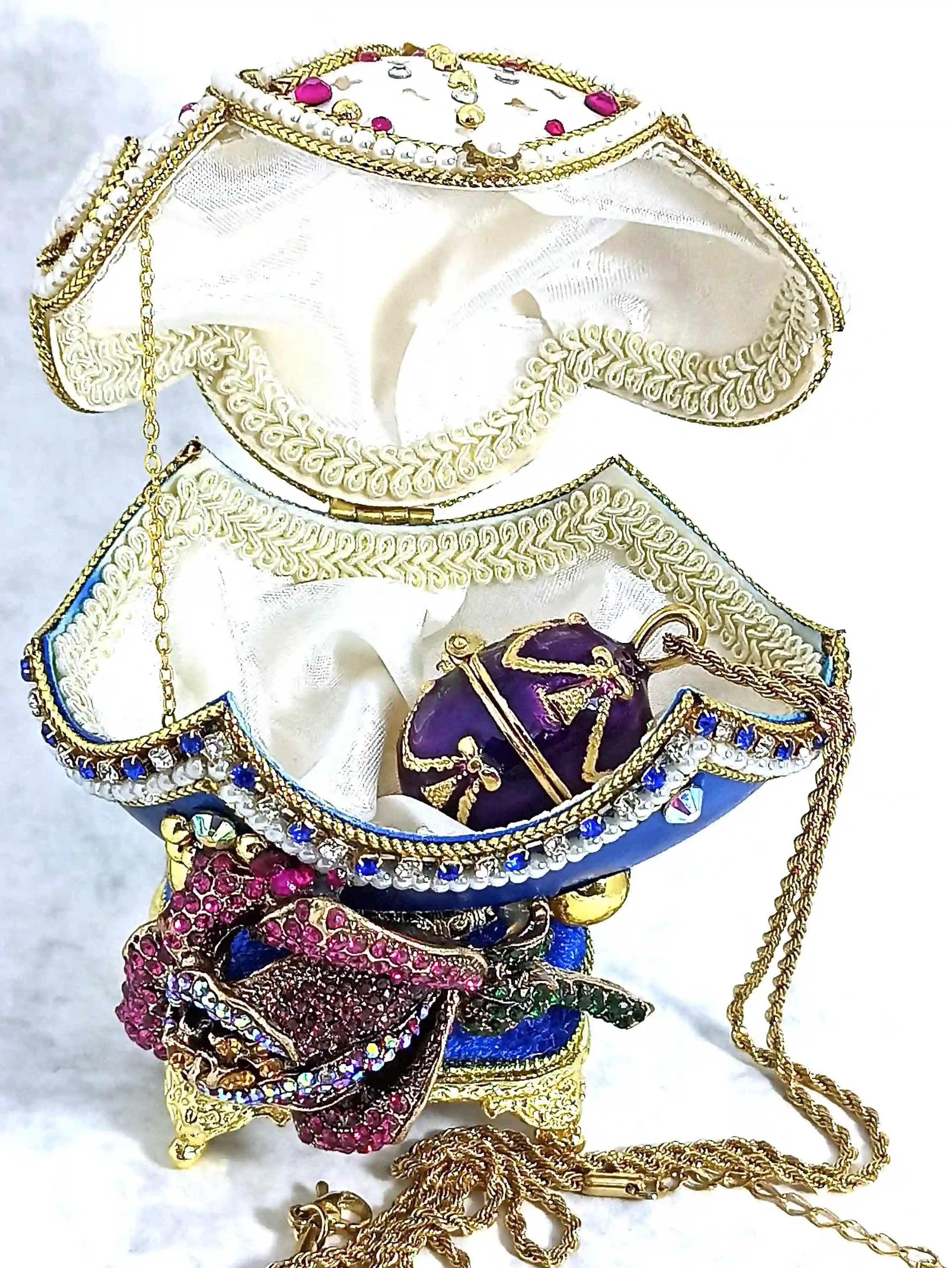 Amethyst, Faberge-Style Music Box- REAL Egg Luxury Valentine MASTERPIECE Faberge Egg style Imperial Art Nouveau Jewelry Box , Faberge egg, 24kGold 