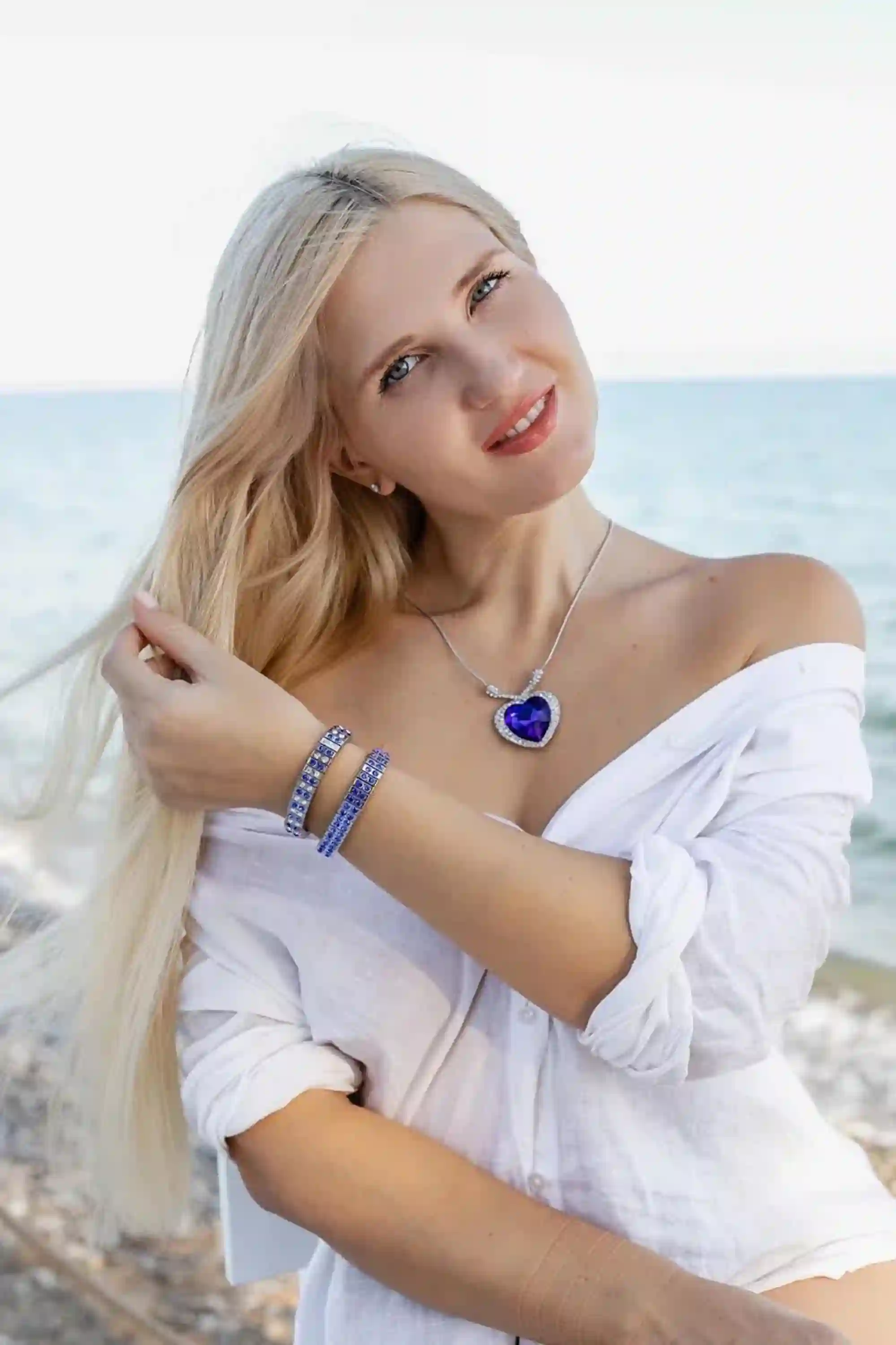 Silver Valentines day DIAMOND Heart Necklace SAPPHIRE Pendant Necklace BRACELET Set Valentine's Day Statement Necklace Love Heart Shape gift 