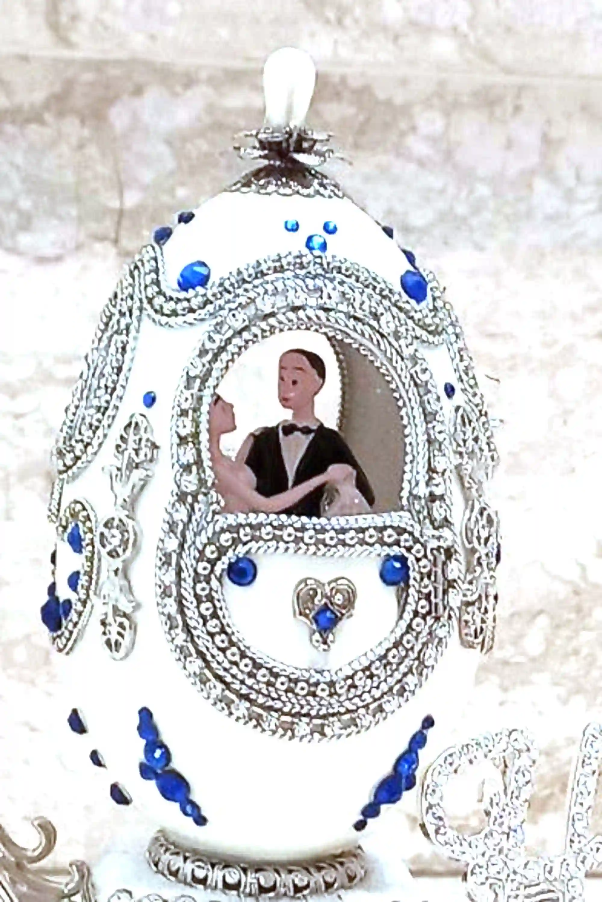 Designer Gifts, ONEOFAKIND, Faberge-Style egg, Large SILVER Heart Ocean Necklace & Tennis Bracelet Faberge egg Music SAPPHIRE Wedding Anniversary 