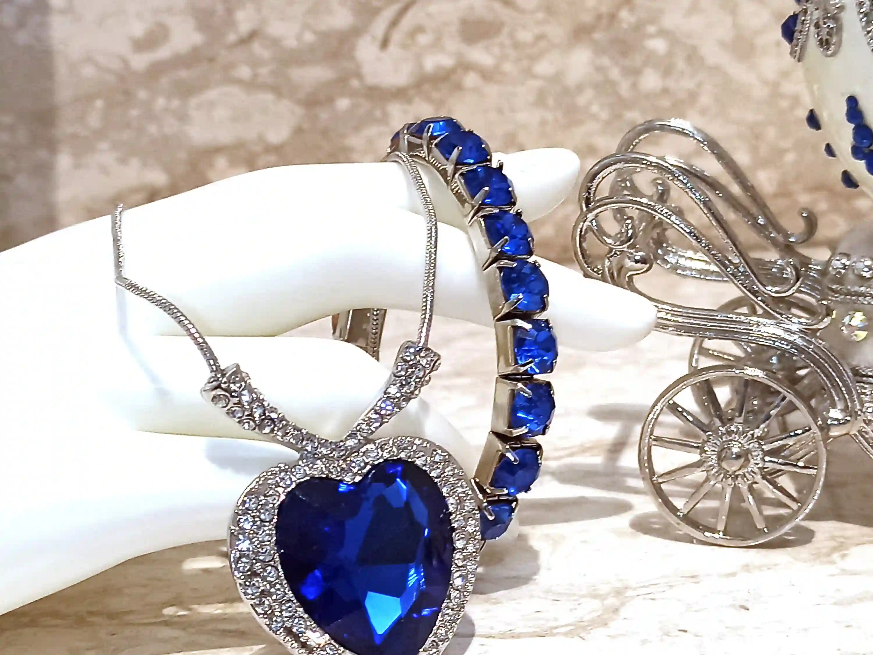 Designer Gifts, ONEOFAKIND, Faberge-Style egg, Large SILVER Heart Ocean Necklace & Tennis Bracelet Faberge egg Music SAPPHIRE Wedding Anniversary 