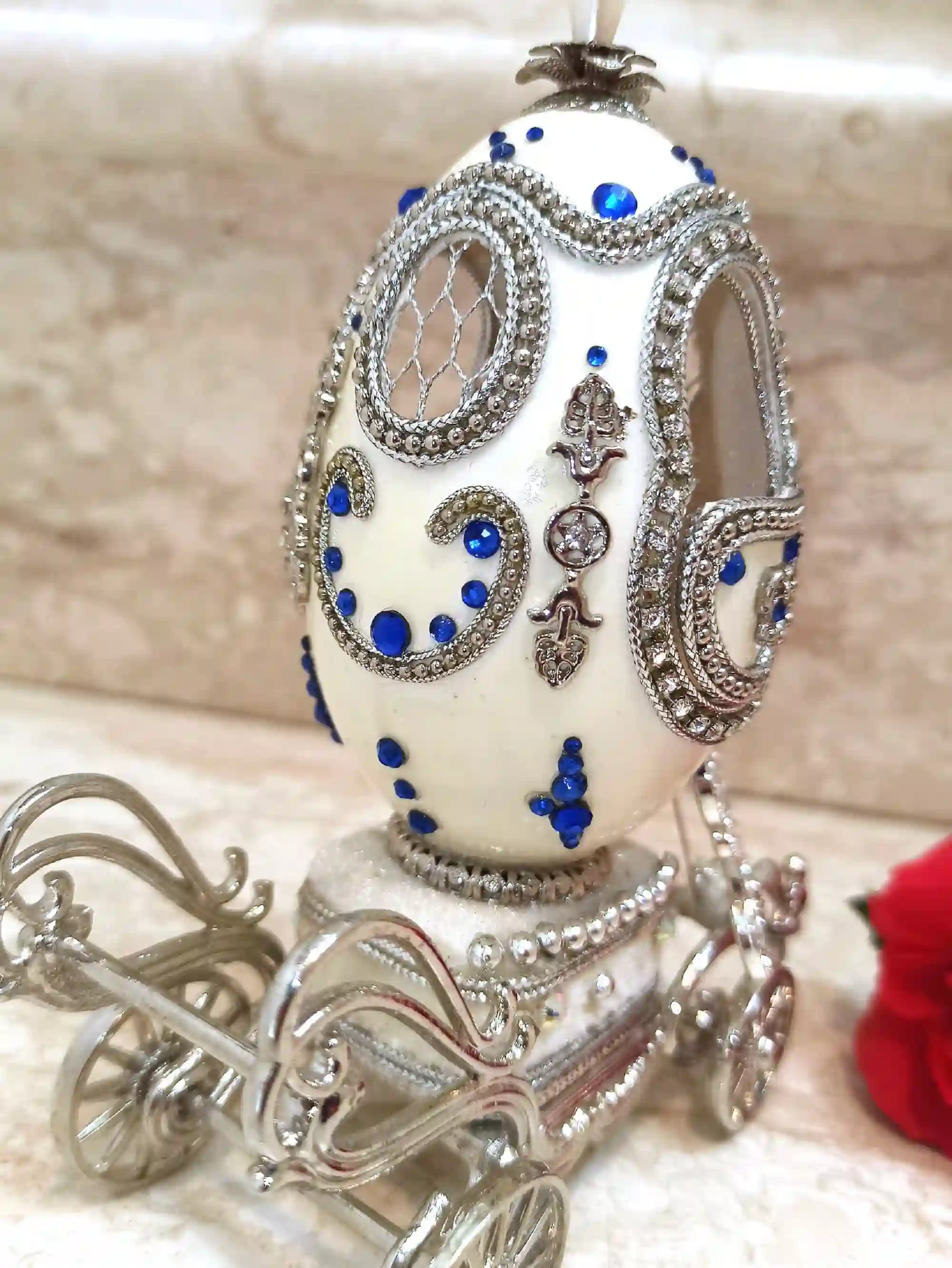 Designer Gifts, ONEOFAKIND, Faberge-Style egg, Large SILVER Heart Ocean Necklace & Tennis Bracelet Faberge egg Music SAPPHIRE Wedding Anniversary 