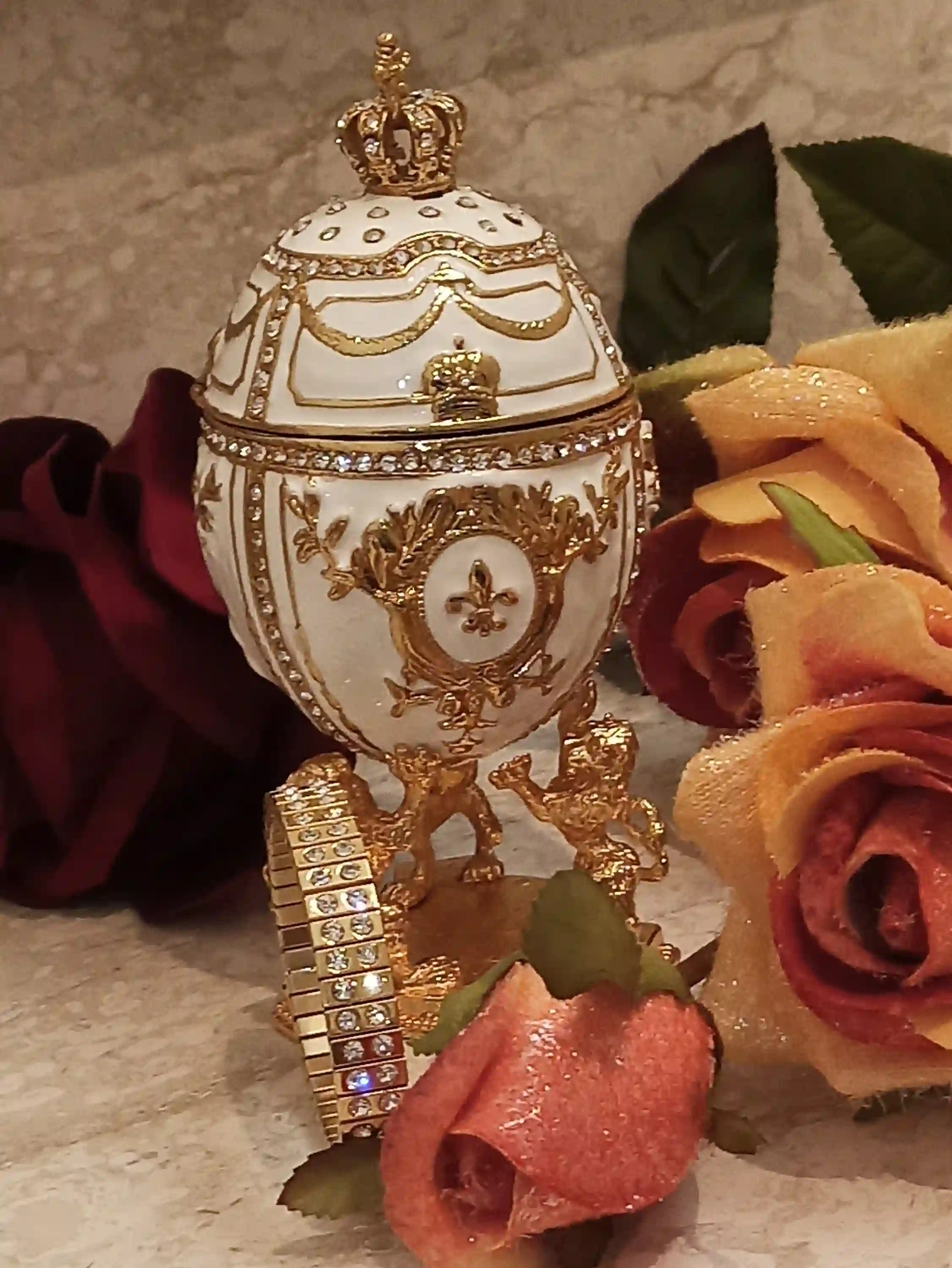 Faberge egg Trinket box Fabrege style 24K GOLD IMPERIAL Lions 200 Austrian Crystals HANDSET Diamonds 2ct Bracelet Faberge Egg Jewelry box 