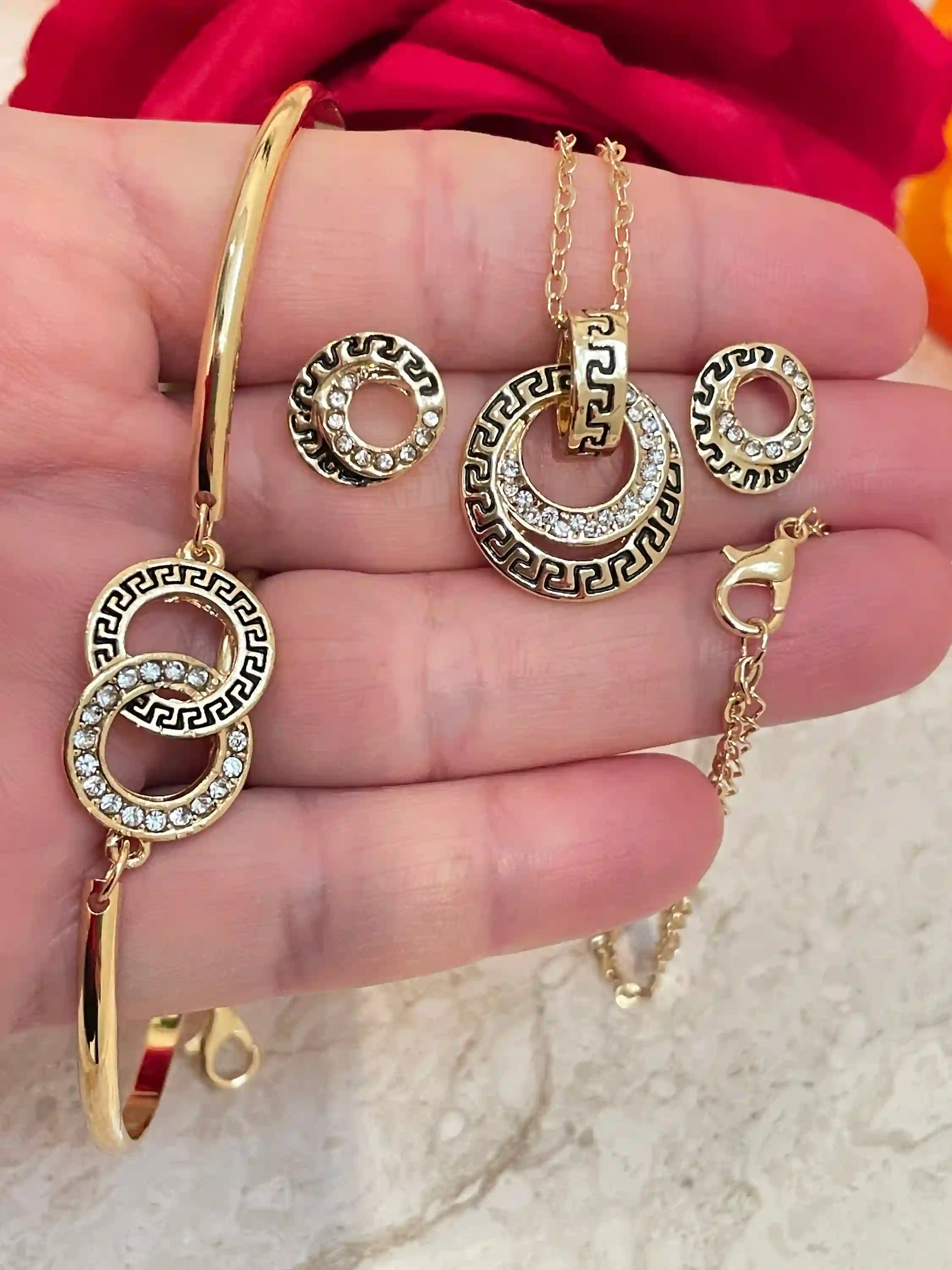 Greek Gold Jewelry SET, Greek Key Necklace, Meander Pendant, Greek Key Bracelet & Meander Earrings, Yellow Gold Jewelry, 86 CZ HANDSET 