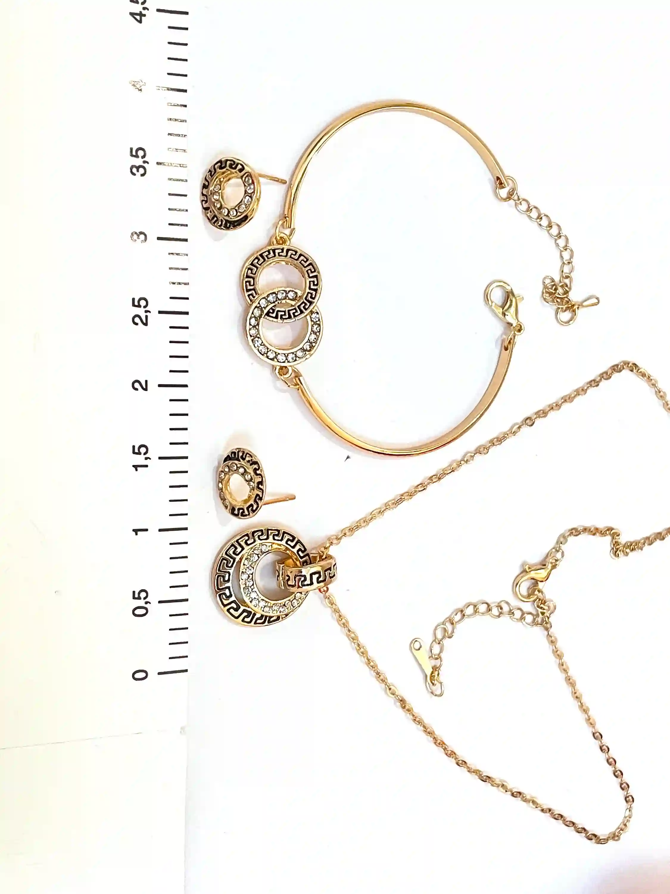 Greek Gold Jewelry SET, Greek Key Necklace, Meander Pendant, Greek Key Bracelet & Meander Earrings, Yellow Gold Jewelry, 86 CZ HANDSET 