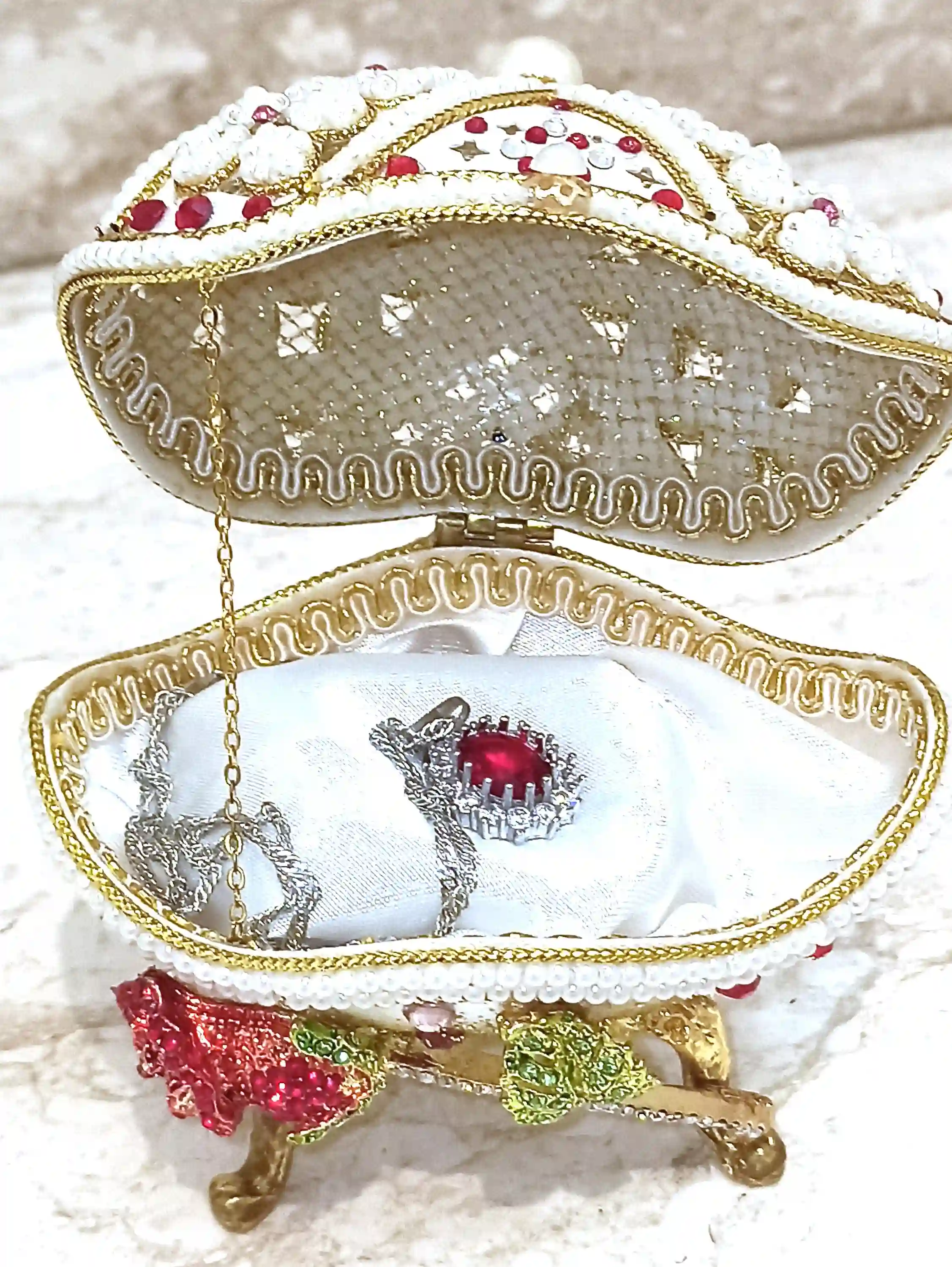 Faberge-Style egg Christmas RUBY SET 24k Gold Faberge HANDCARVED Real Egg Musical Jewelry Box Vintage Gift, Ruby Necklace Earrings Ring Bracelet 