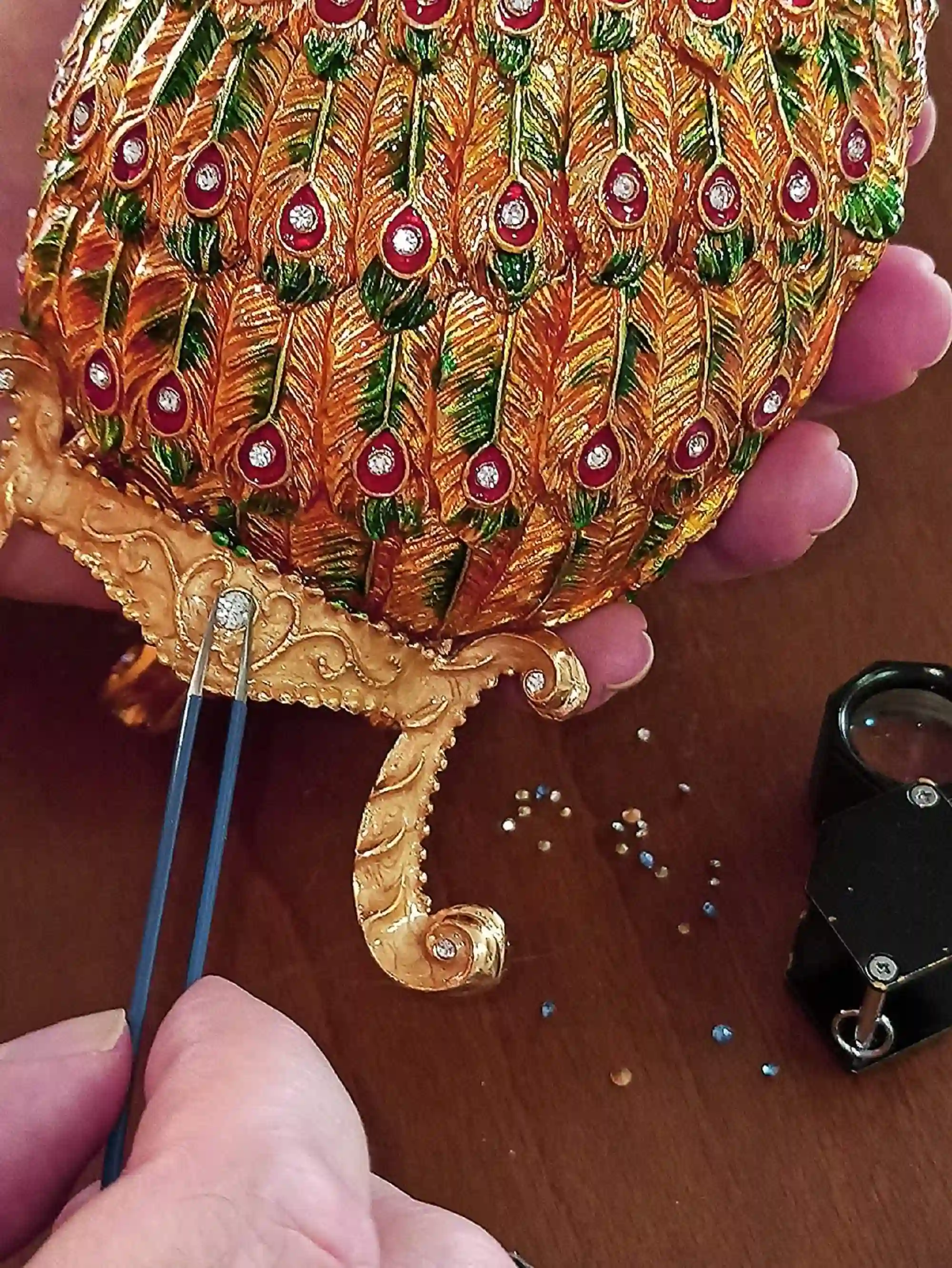 Lovers Faberge-Style Egg 24kt GOLD ANNIVERSARY Peacocks Rainbow Fabrege Egg Style With Bracelet 160 HANDSET Austrian Crystal Faberge Trinket egg 