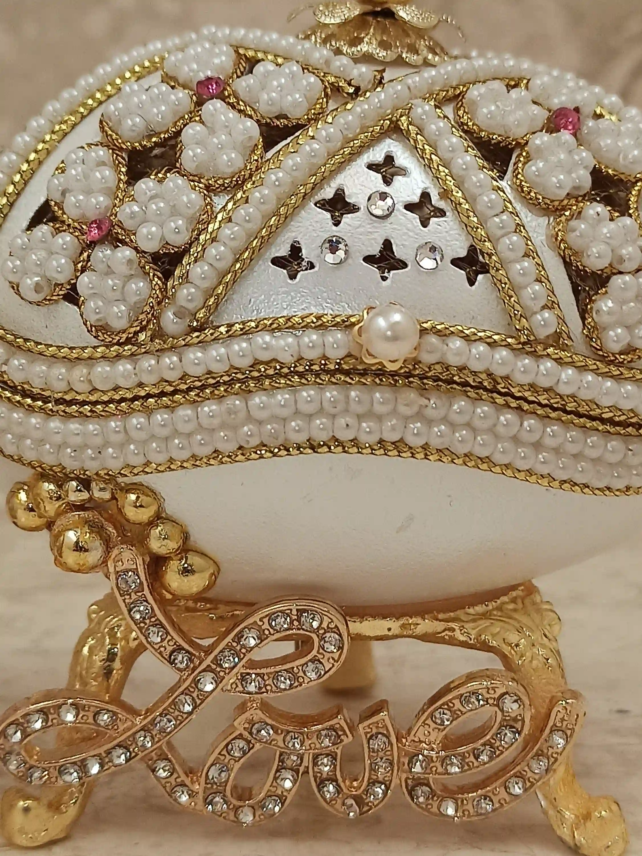 Love Trinket Luxury Gift ONE OfA Kind Pearl Jewelry box Faberge Music Natural HANDCARVED Egg 900 Pearl Austrian Crystal Diamond Bracelet 24k 