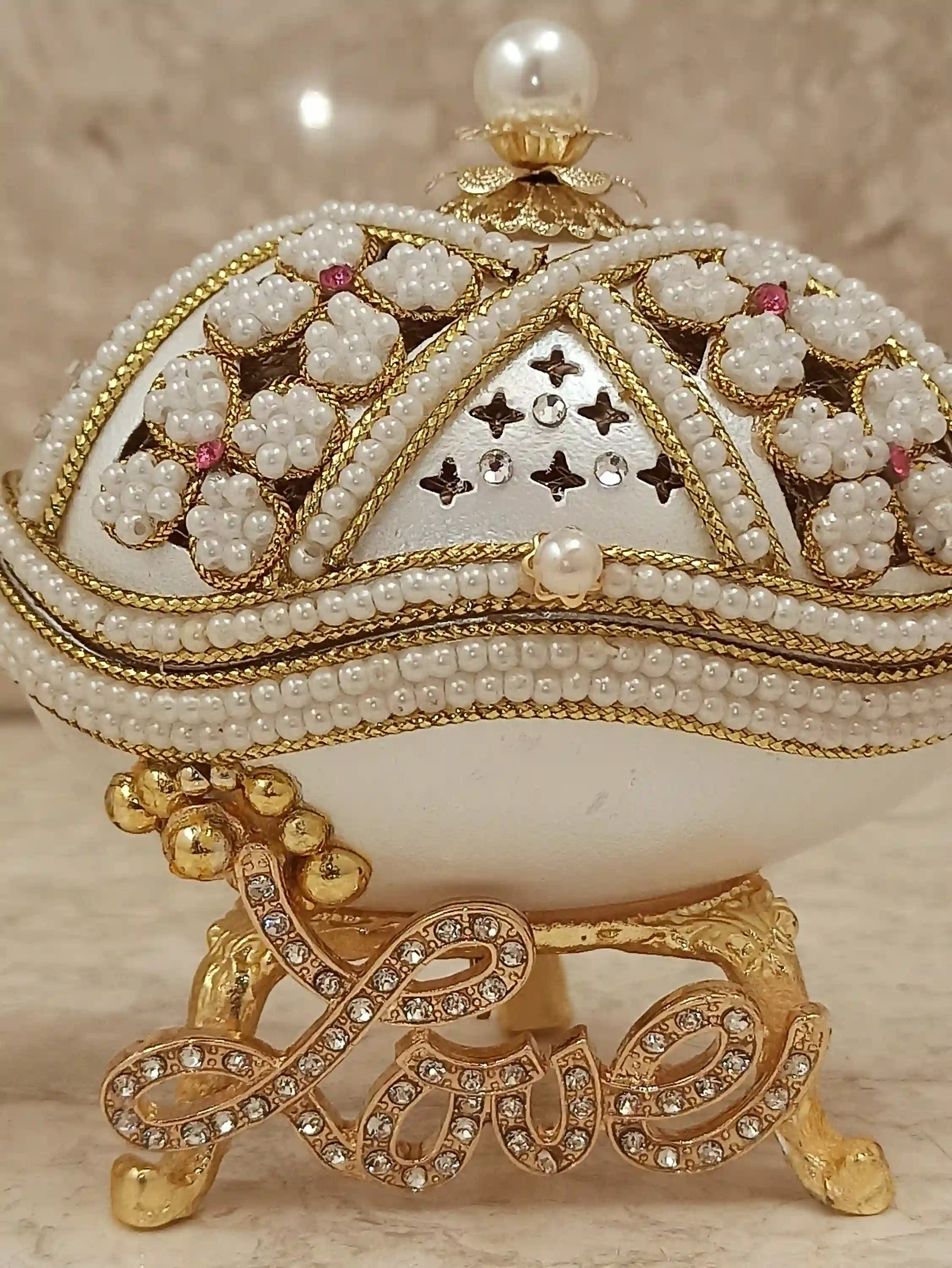 Love Trinket Luxury Gift ONE OfA Kind Pearl Jewelry box Faberge Music Natural HANDCARVED Egg 900 Pearl Austrian Crystal Diamond Bracelet 24k 