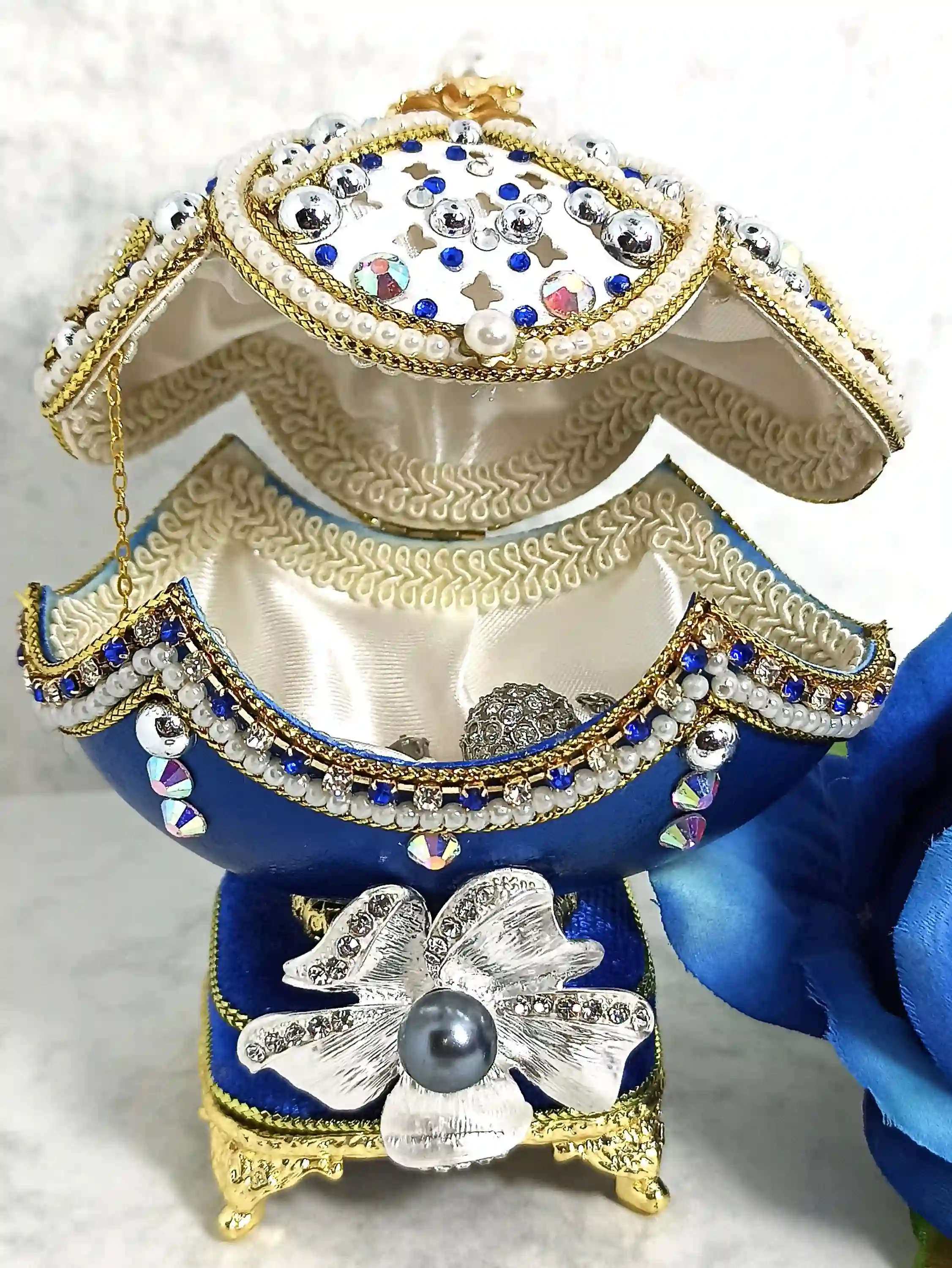 Limited Edition SILVER Faberge-Style Egg Ornament Swarovski Ball Necklace Earring and Bracelet SET Home Decor Fabrege style egg MUSIC Gift for her 