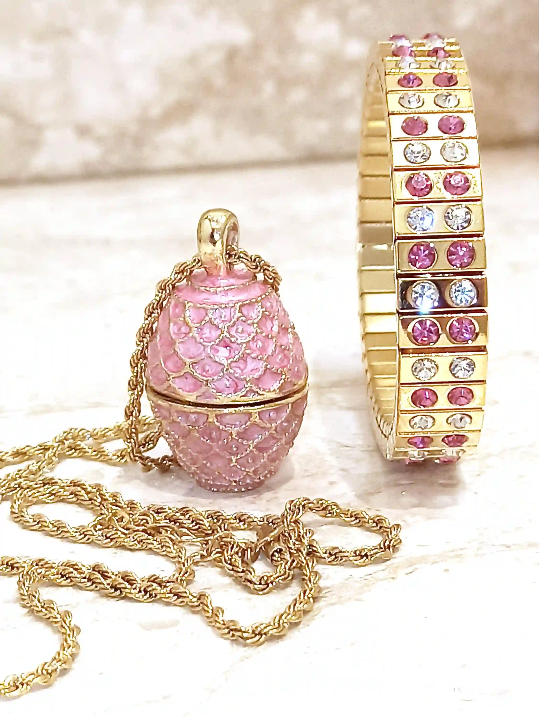 Pink Jewelry for women,Faberge-Style Egg NECKLACE,&,BRACELET,Pink Gold Jewelry,Teen Girl Jewelry,Teenage Girl Gifts,Teen Birthday,24k GOLD,Faberge 
