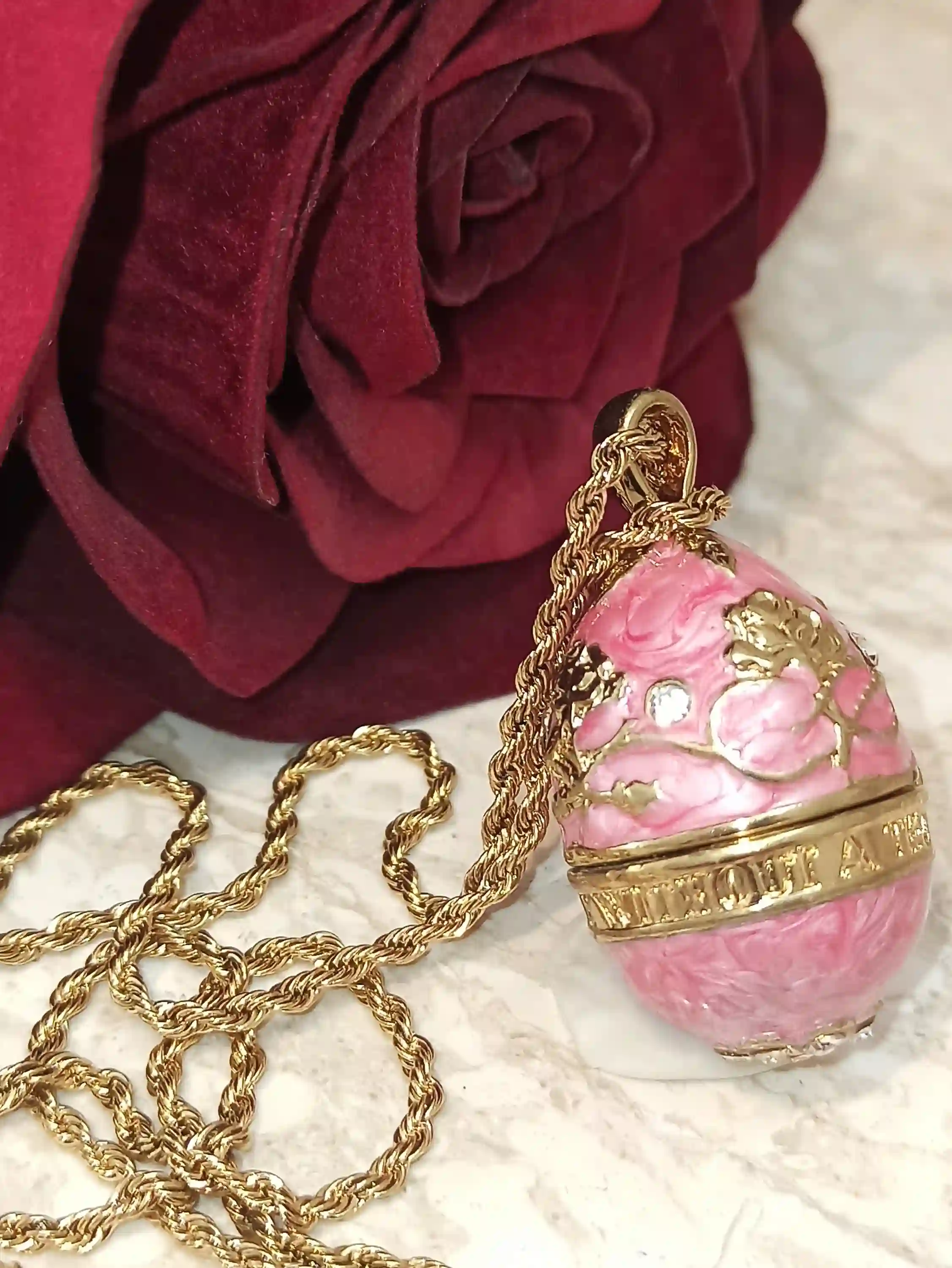 Pink FABERGE-Style egg Jewelry/Pink Necklace with Pendant Set and Her bracelet set/ Graduation gift for her/Swarovski Topaz Gems/HANDMADE/24k Gold 