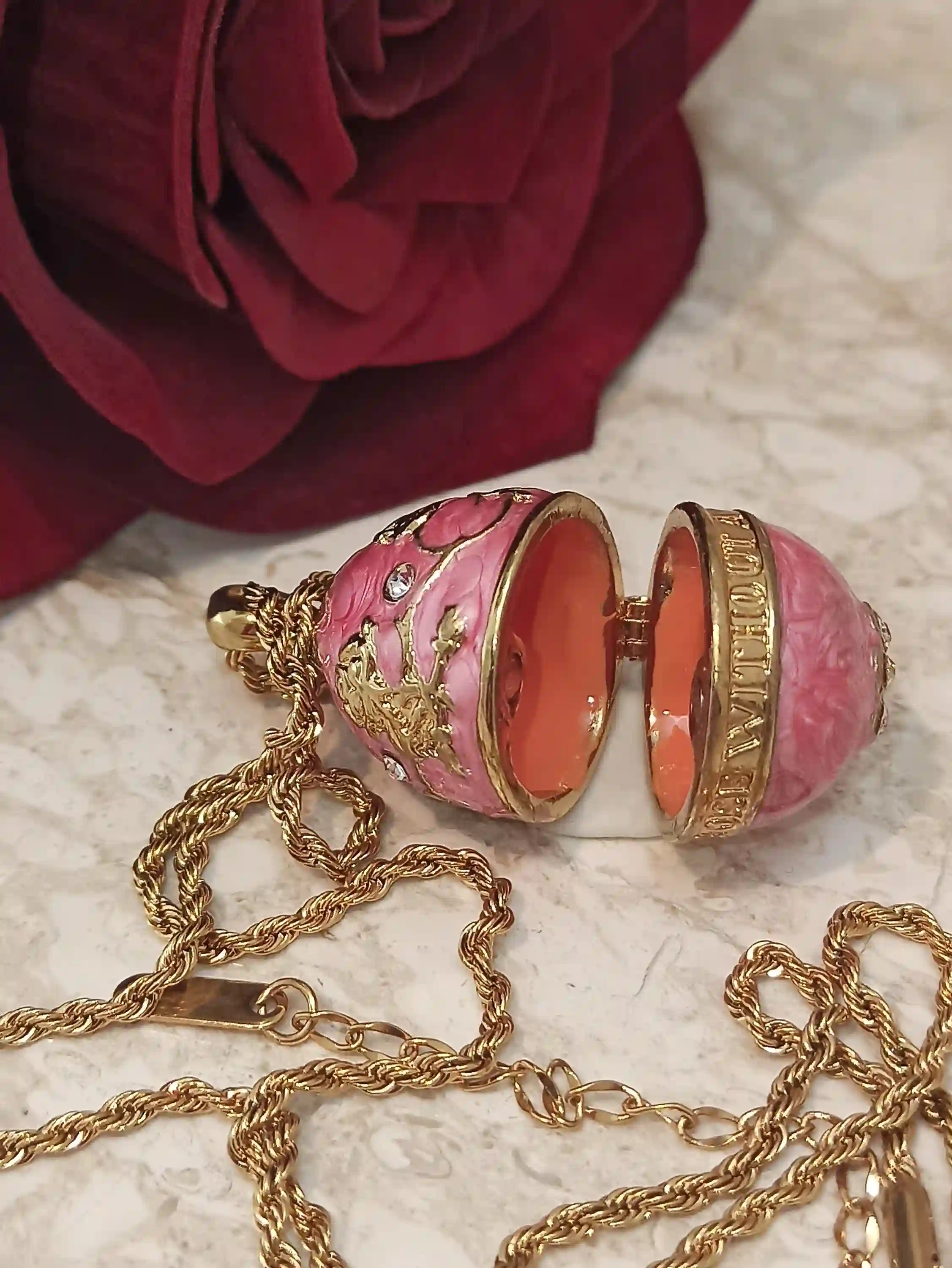 Pink FABERGE-Style egg Jewelry/Pink Necklace with Pendant Set and Her bracelet set/ Graduation gift for her/Swarovski Topaz Gems/HANDMADE/24k Gold 