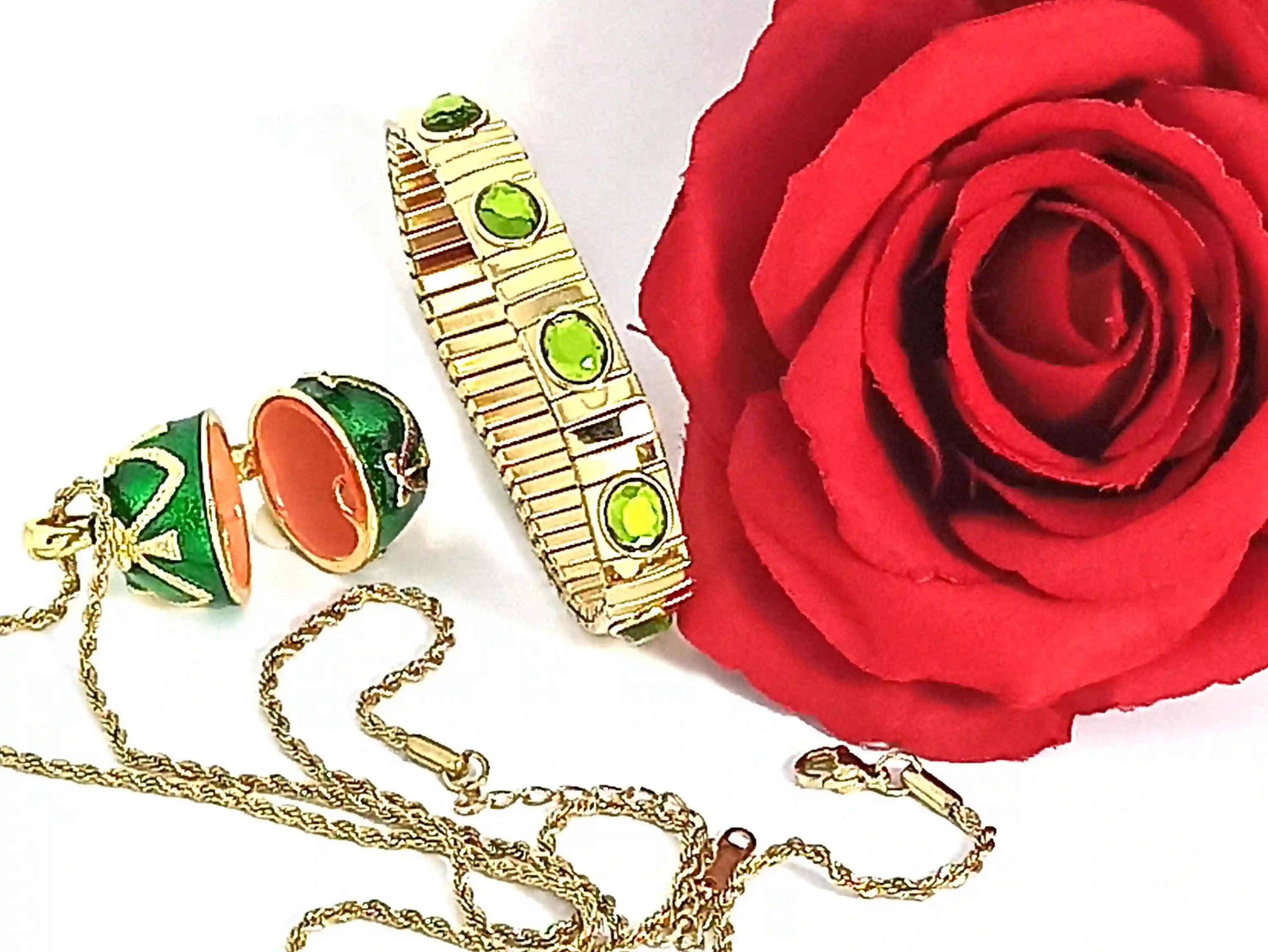 Faberge-Style Emerald Green Vintage Jewelry SET Faberge-Style Egg Necklace Gold & Austrian Crystal Bracelet Faberge-Style egg Pendant Bday Jewelry gift her 