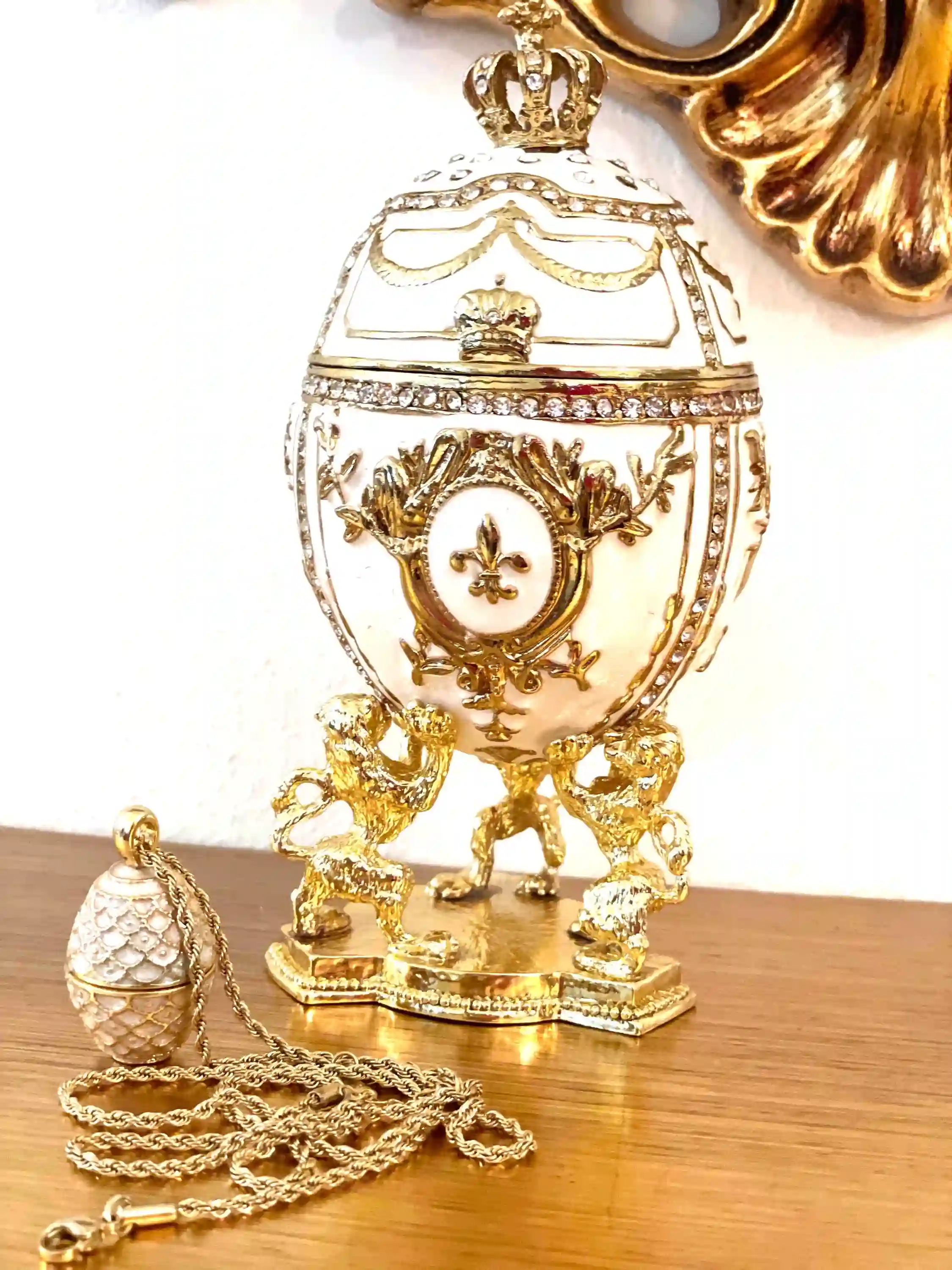 White Faberge-Style egg - Imperial Lion Faberge style egg + Faberge Egg Pendant Necklace - White Gold trinket box - Swaroski Diamond HANDSET 24k 