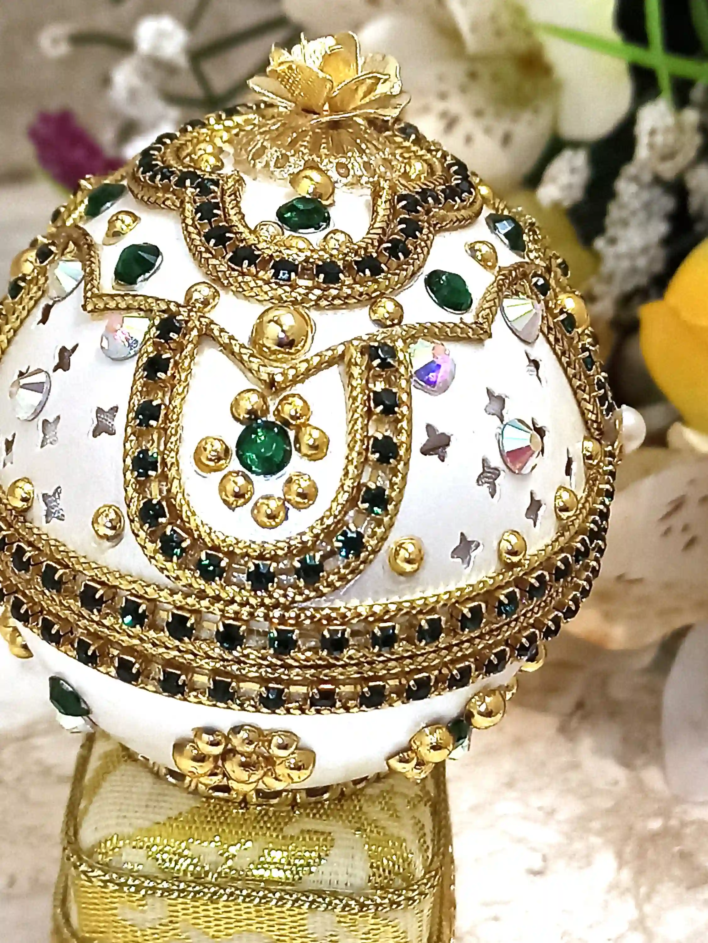 Faberge-Style-One of a kind Gifts for women-Faberge Egg Ornament-Faberge Pendant -24k Gold - Home Decor - Unique Birthday gift- Emerald Gift Box - 