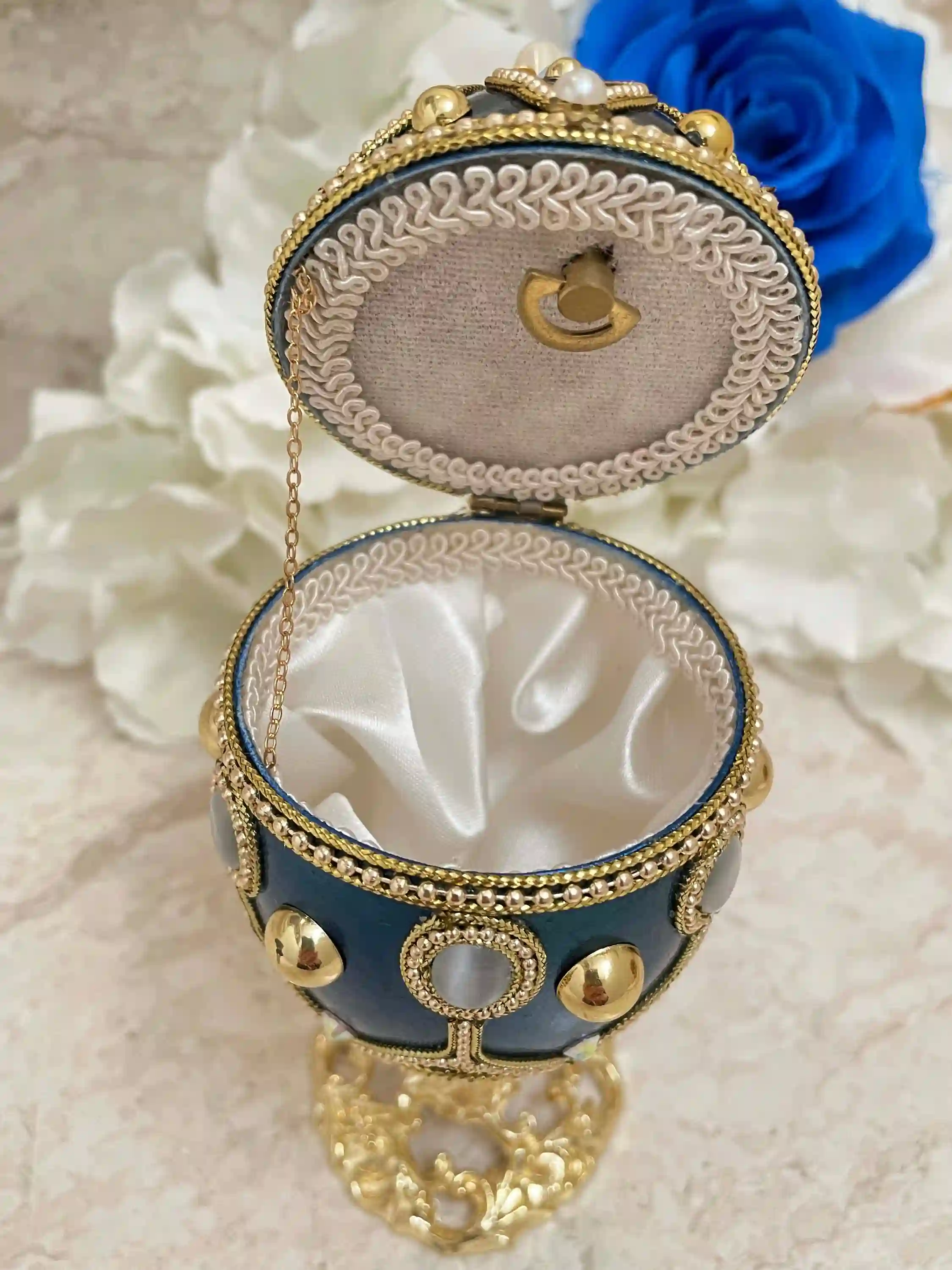 One of A Kind Blue Gifts, Faberge-Style Egg VINTAGE, Faberge Egg style , HANDCARVED Natural Egg, Faberge Ornament Decorative Faberge Egg Music Box 