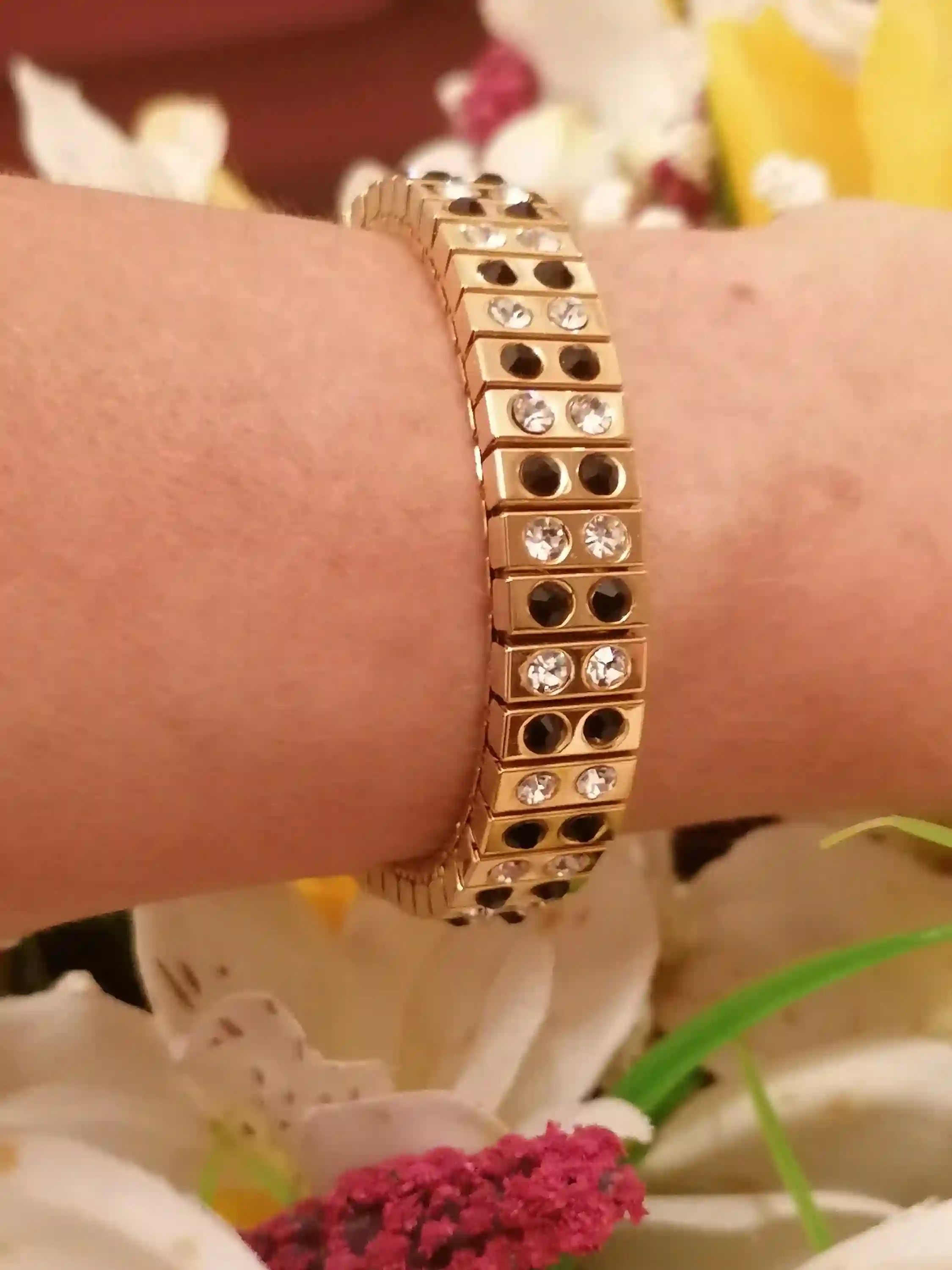 Evening Crystal Jet black bracelet /24kt GOLD Swarovski Wedding Jewelry Black Stretch Crystal bracelet bangle/ Gift for her/ Gift for friend 