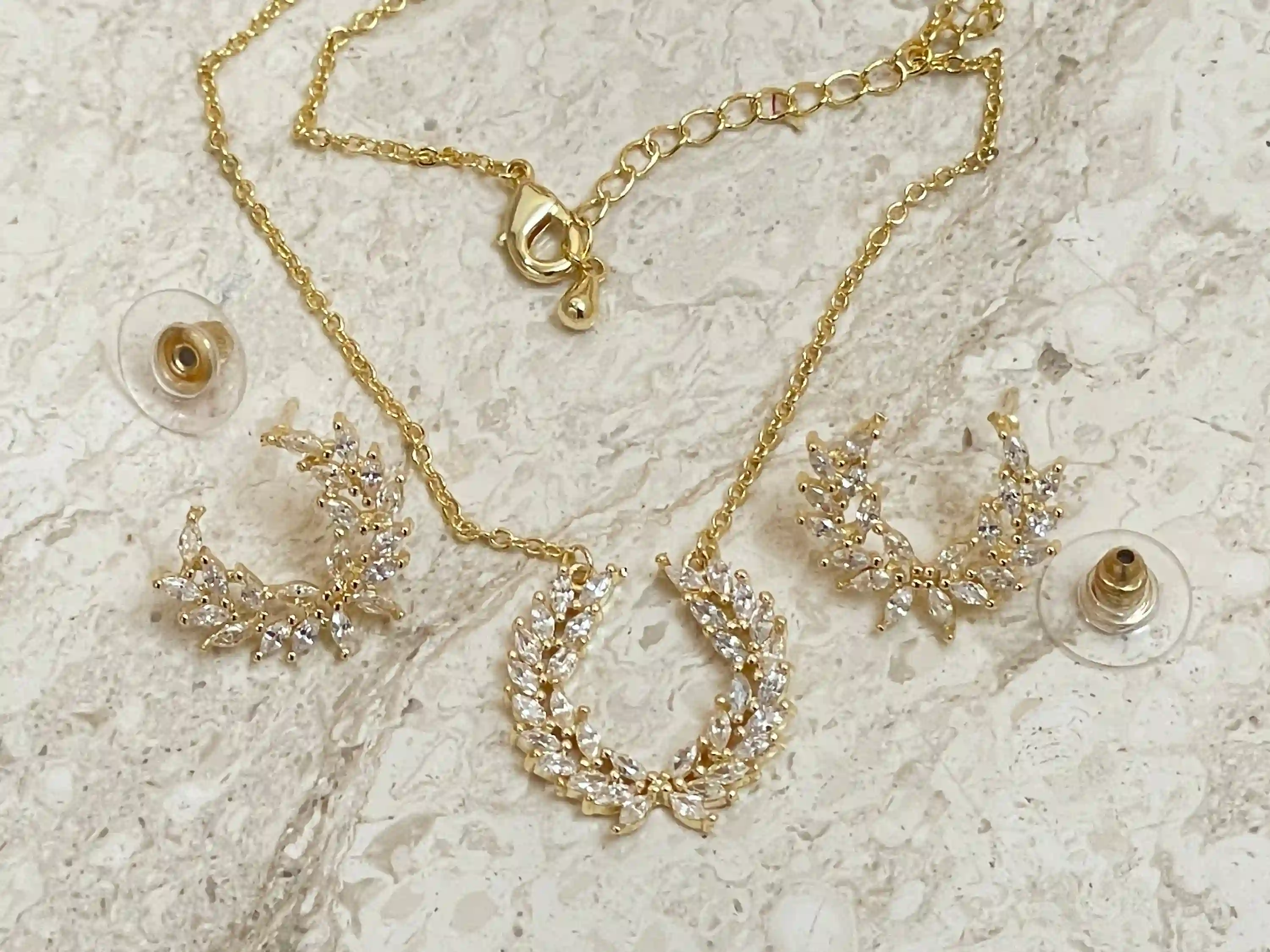 24k Swarovski Bridal Shower Gold Jewelry for bride present , Olive Branch Necklace Earrings SET, Handmade Jewelry, Sterling Silver GoldPlate 