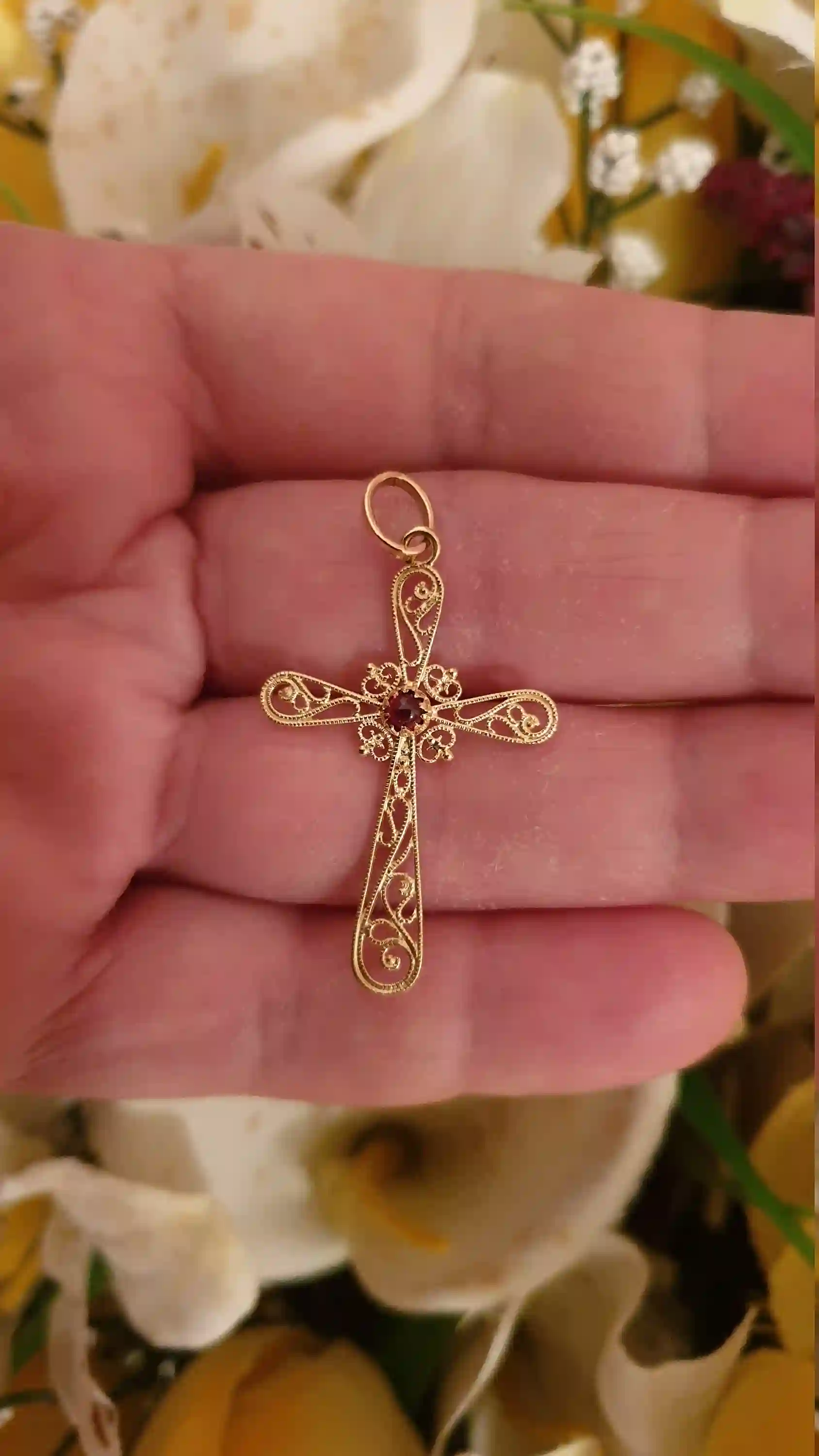 18kt Filigree Baptism Cross pendant charm SOLID GOLD Garnet/Religious Cross Charm First Communion Gift Girl 18kt gold Christian Gift HANDMDE 