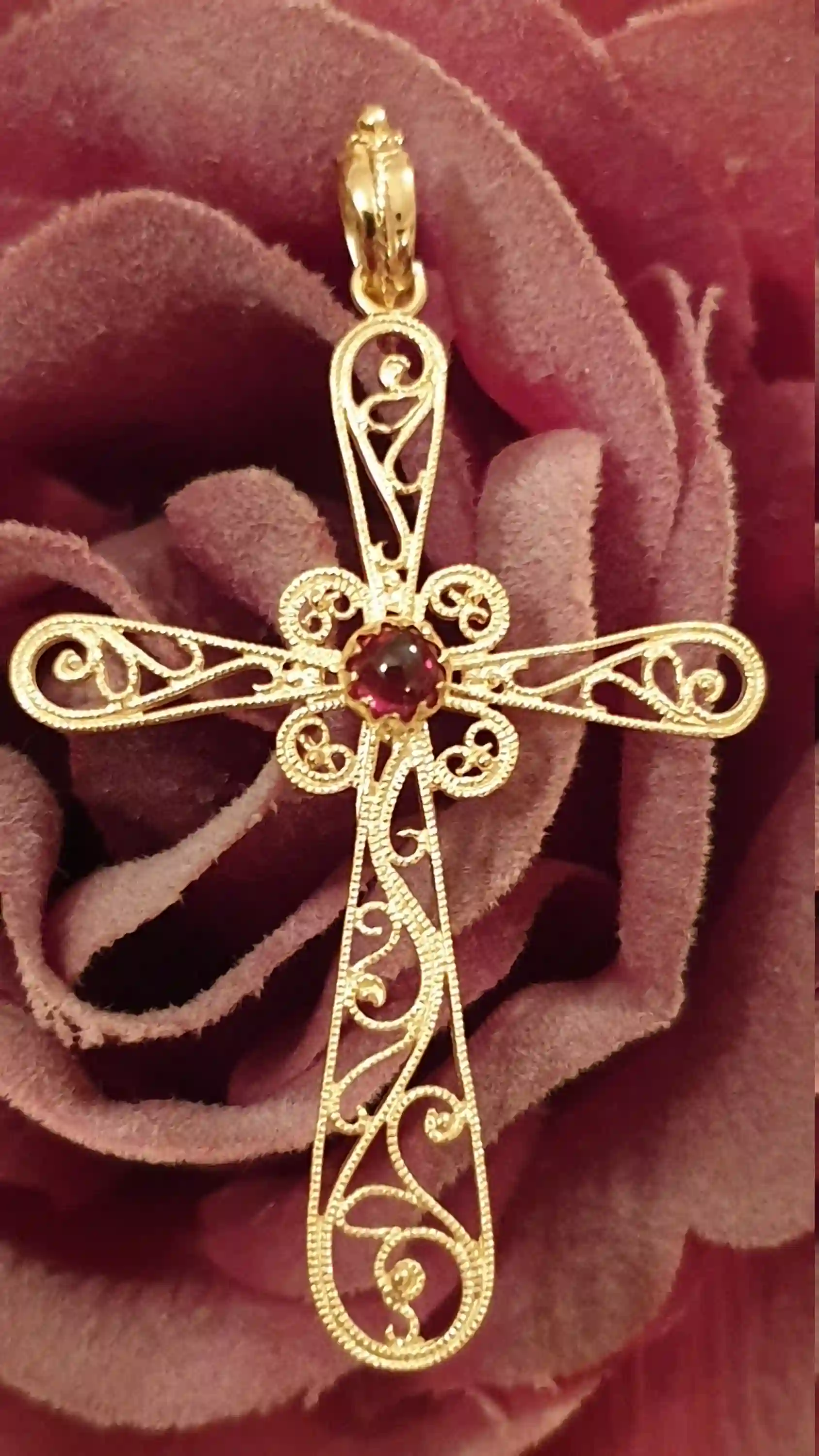18kt Filigree Baptism Cross pendant charm SOLID GOLD Garnet/Religious Cross Charm First Communion Gift Girl 18kt gold Christian Gift HANDMDE 