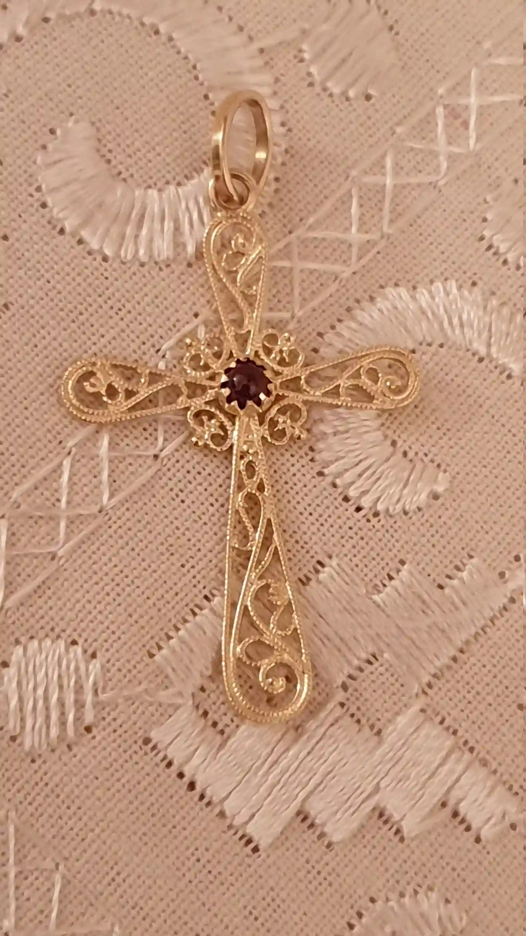 18kt Filigree Baptism Cross pendant charm SOLID GOLD Garnet/Religious Cross Charm First Communion Gift Girl 18kt gold Christian Gift HANDMDE 