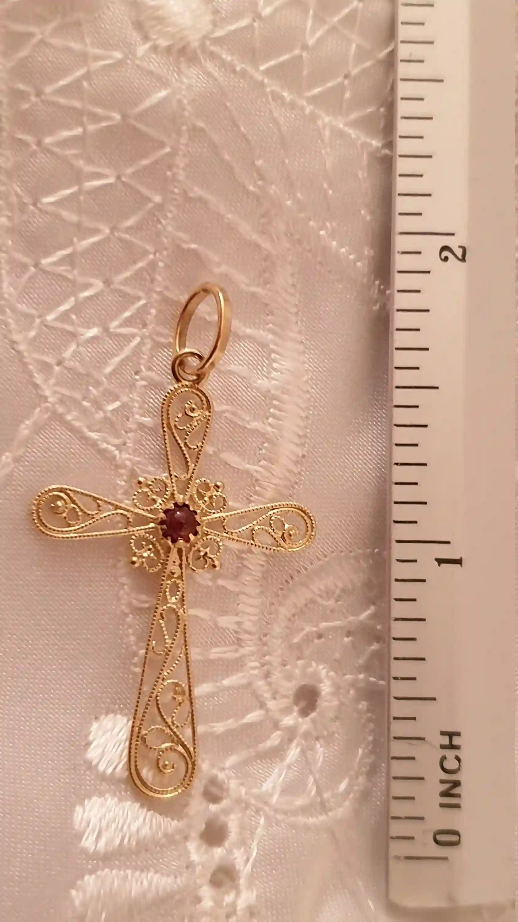 18kt Filigree Baptism Cross pendant charm SOLID GOLD Garnet/Religious Cross Charm First Communion Gift Girl 18kt gold Christian Gift HANDMDE 