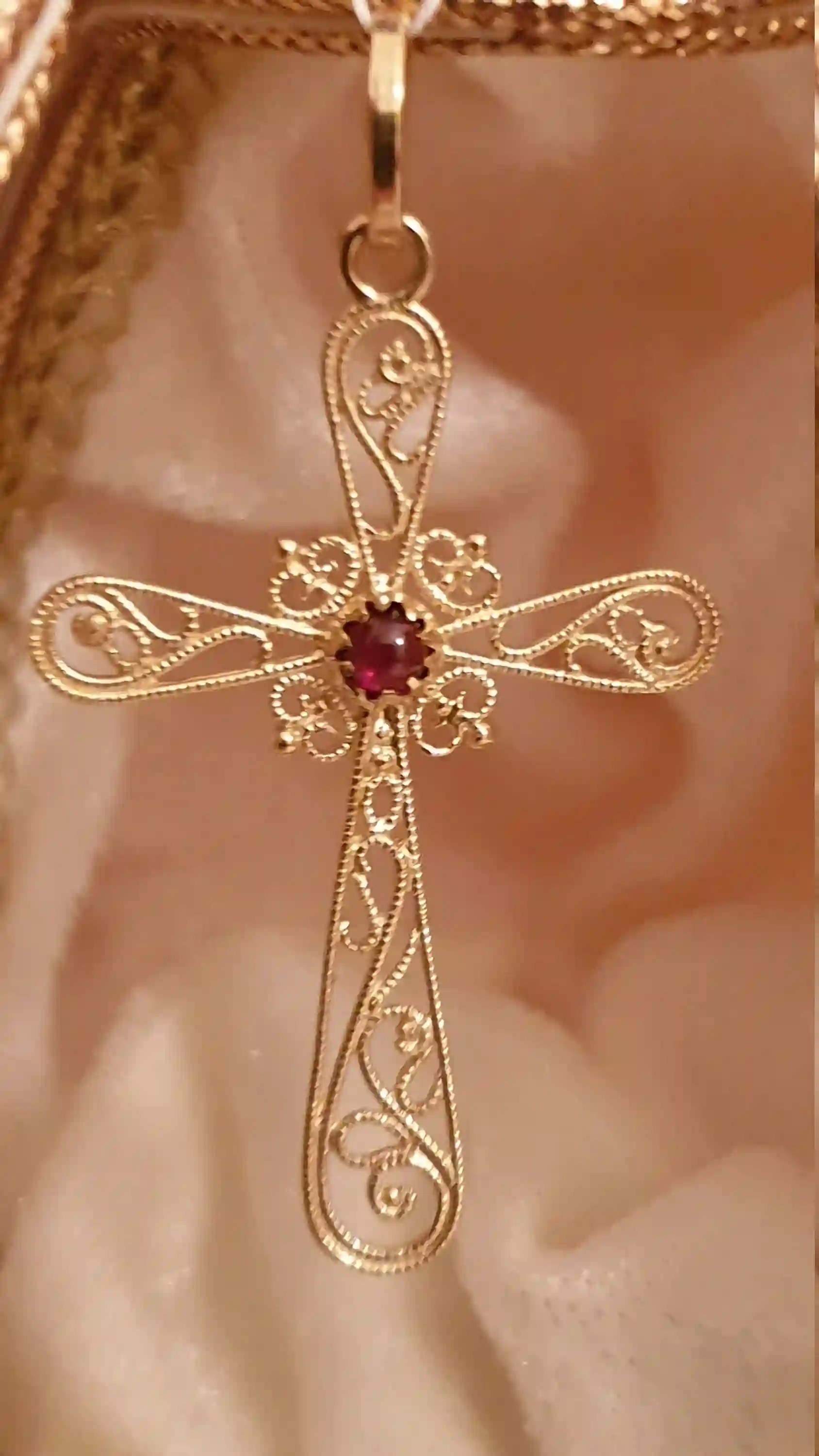 18kt Filigree Baptism Cross pendant charm SOLID GOLD Garnet/Religious Cross Charm First Communion Gift Girl 18kt gold Christian Gift HANDMDE 