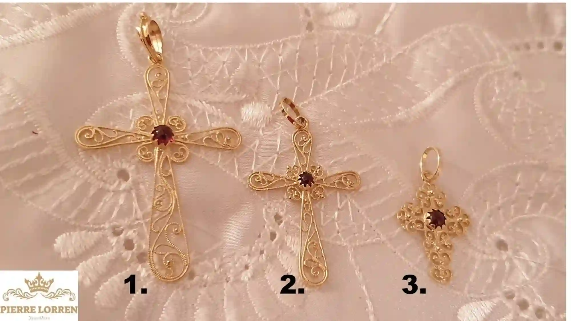 18kt Filigree Baptism Cross pendant charm SOLID GOLD Garnet/Religious Cross Charm First Communion Gift Girl 18kt gold Christian Gift HANDMDE 